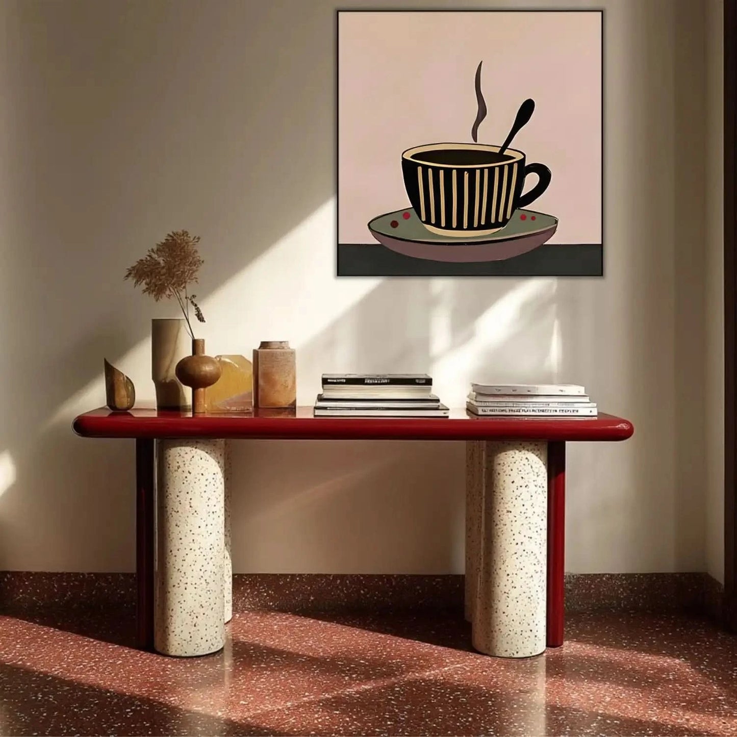 Tableau minimaliste d'une tasse de café fumante, tons bruns et beiges, ambiance chaleureuse pour cuisine ou coin café.