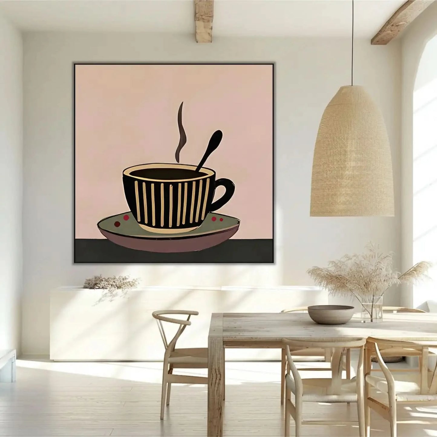 Tableau minimaliste d'une tasse de café fumante, tons bruns et beiges, ambiance chaleureuse pour cuisine ou coin café.
