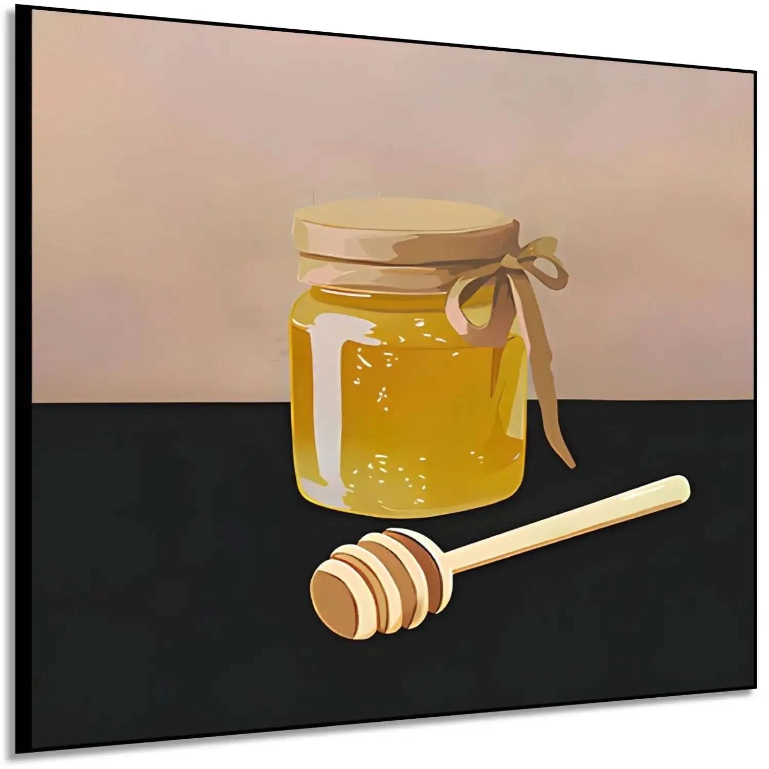 Peinture minimaliste d'un pot de miel doré sur fond noir, contraste harmonieux, ambiance chaleureuse pour cuisine ou salon.