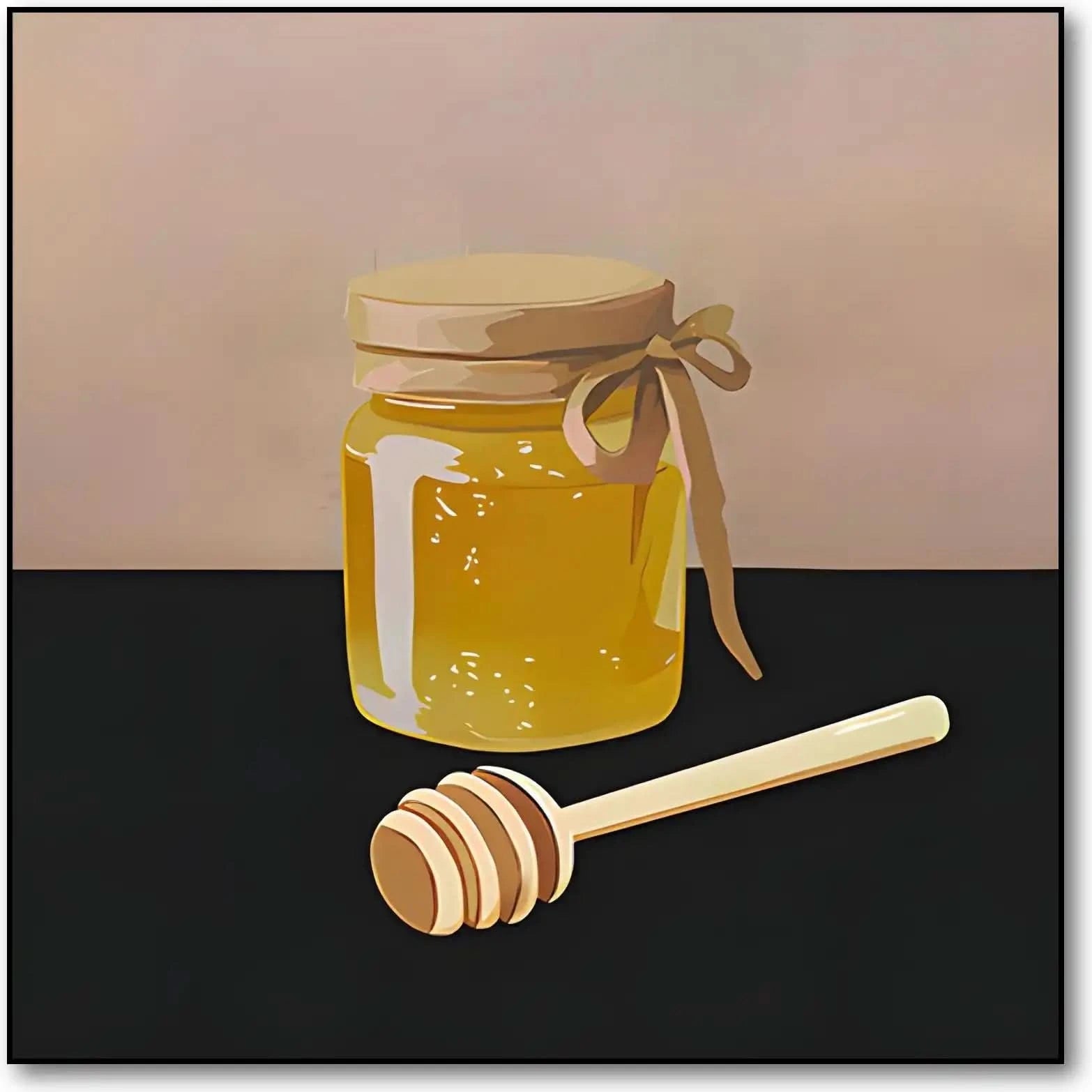 Peinture minimaliste d'un pot de miel doré sur fond noir, contraste harmonieux, ambiance chaleureuse pour cuisine ou salon.