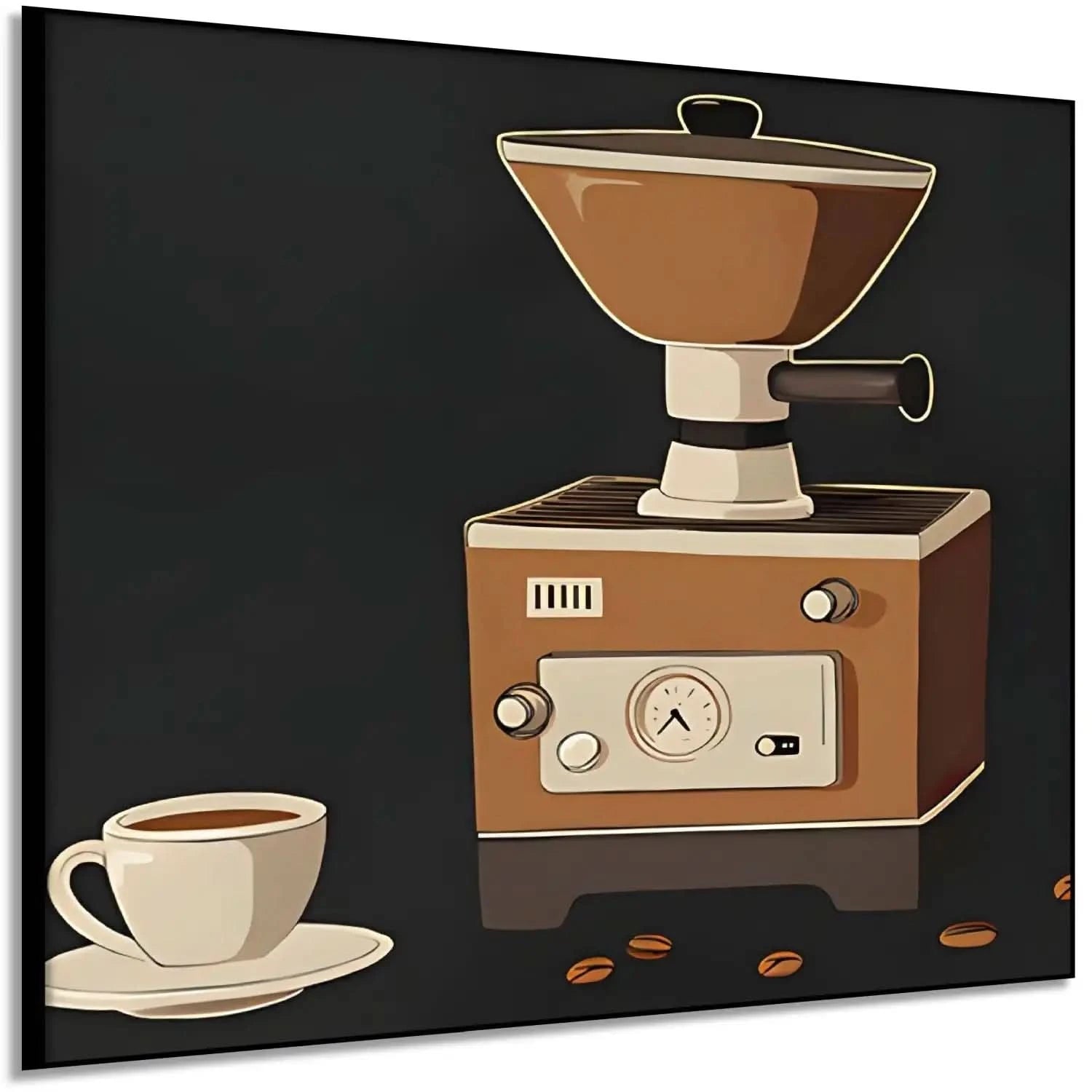 Illustration vintage de moulin à café rétro, tons marron et beige, ambiance chaleureuse pour cuisine ou coin café.