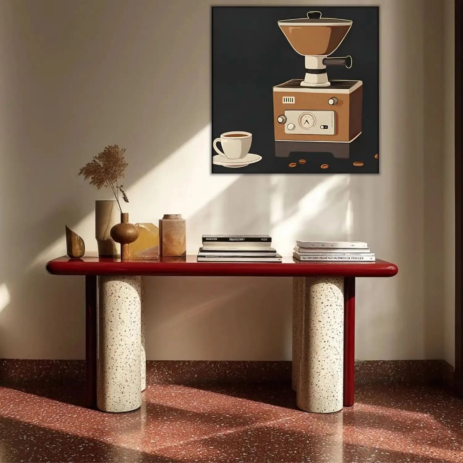 Illustration vintage de moulin à café rétro, tons marron et beige, ambiance chaleureuse pour cuisine ou coin café.