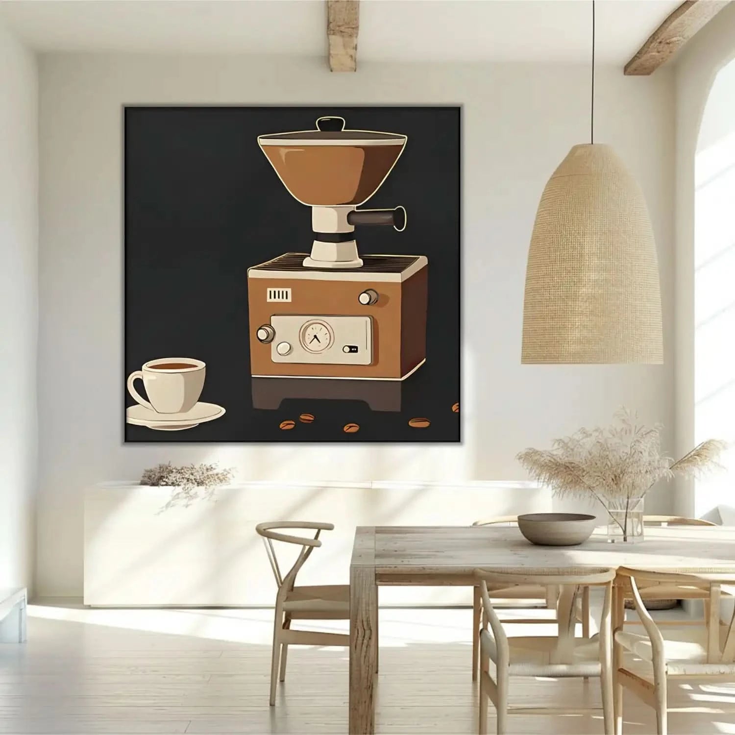 Illustration vintage de moulin à café rétro, tons marron et beige, ambiance chaleureuse pour cuisine ou coin café.