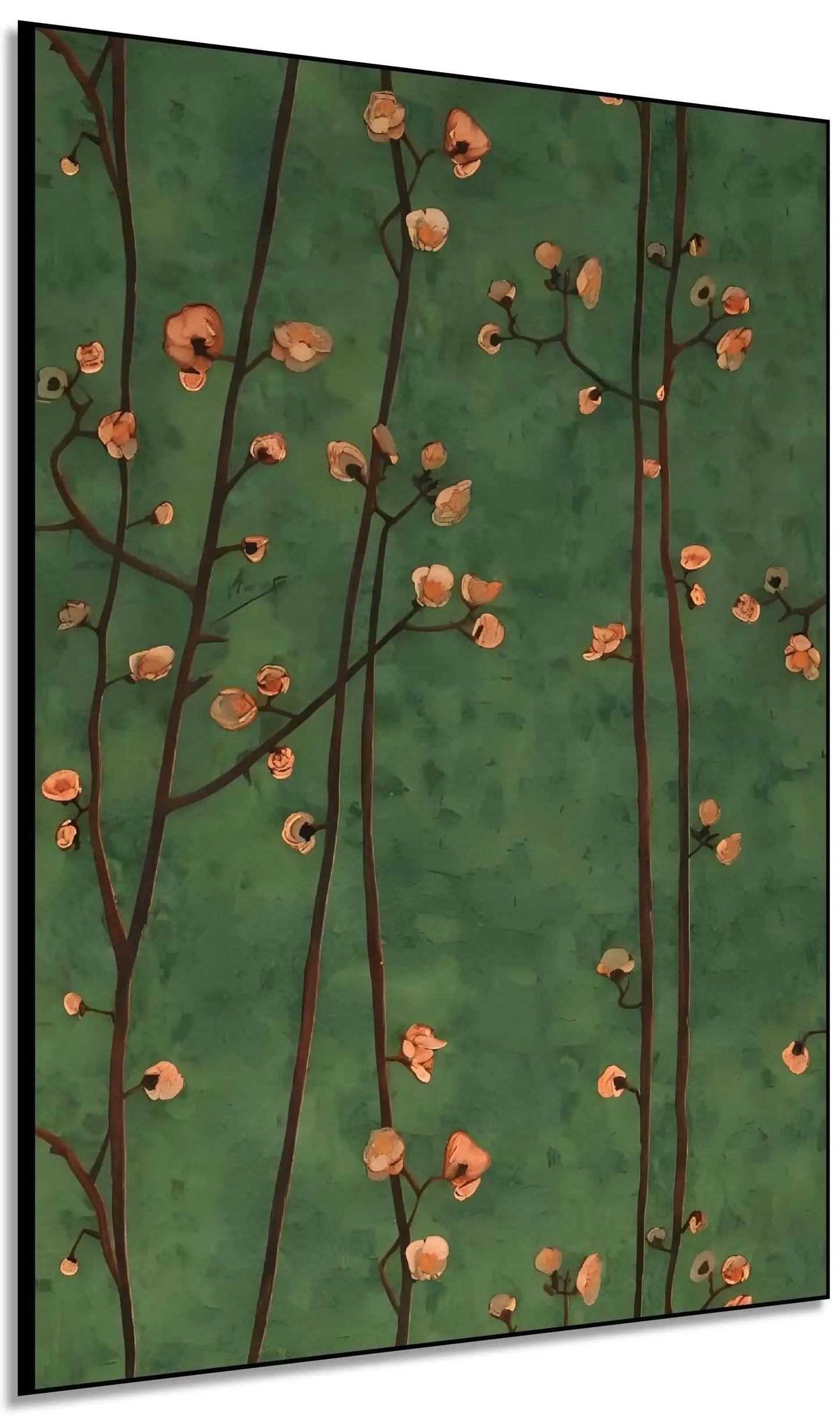 Branches délicates avec fleurs pêche sur fond vert profond, ambiance sereine et poétique pour salon ou chambre.