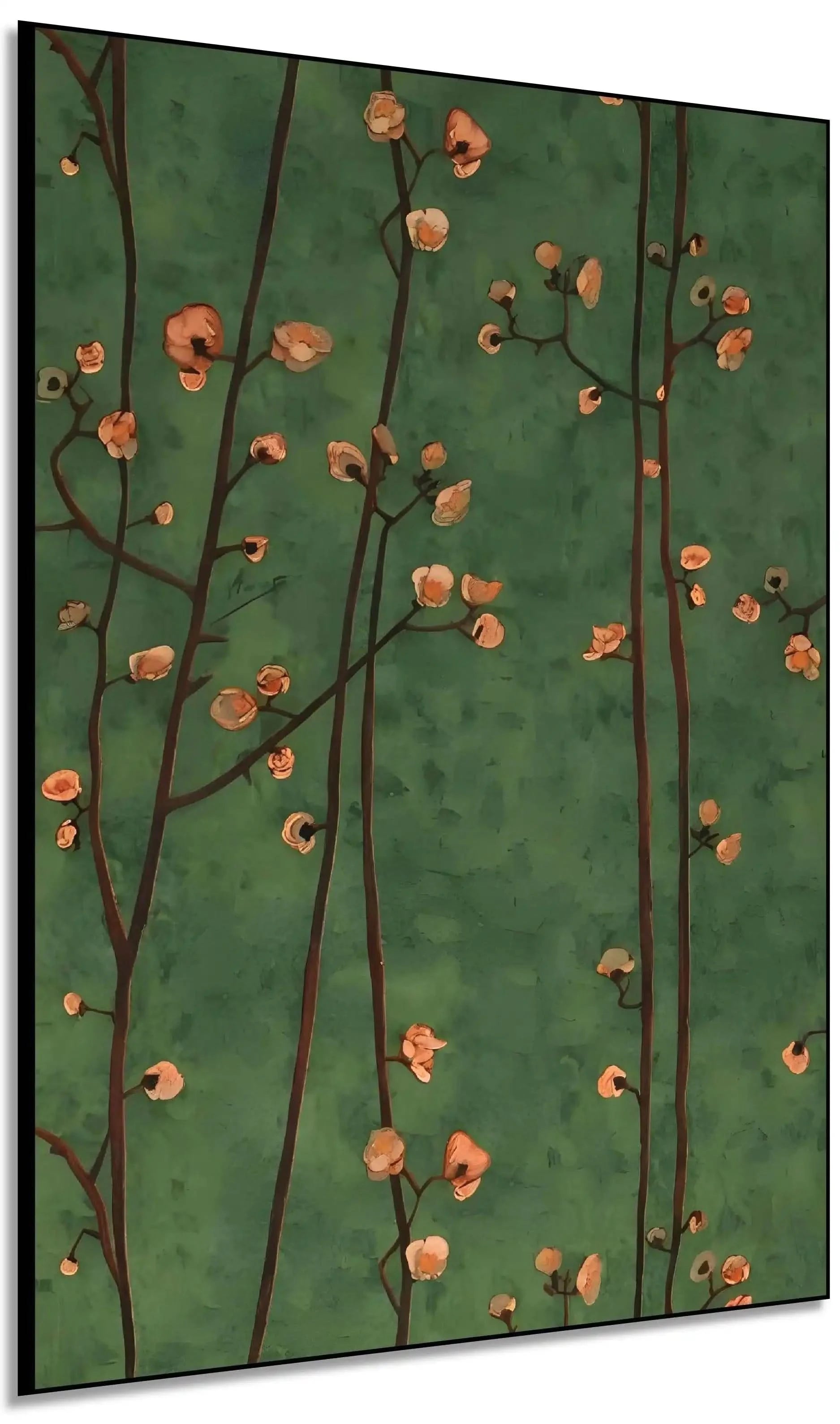 Branches délicates avec fleurs pêche sur fond vert profond, ambiance sereine et poétique pour salon ou chambre.