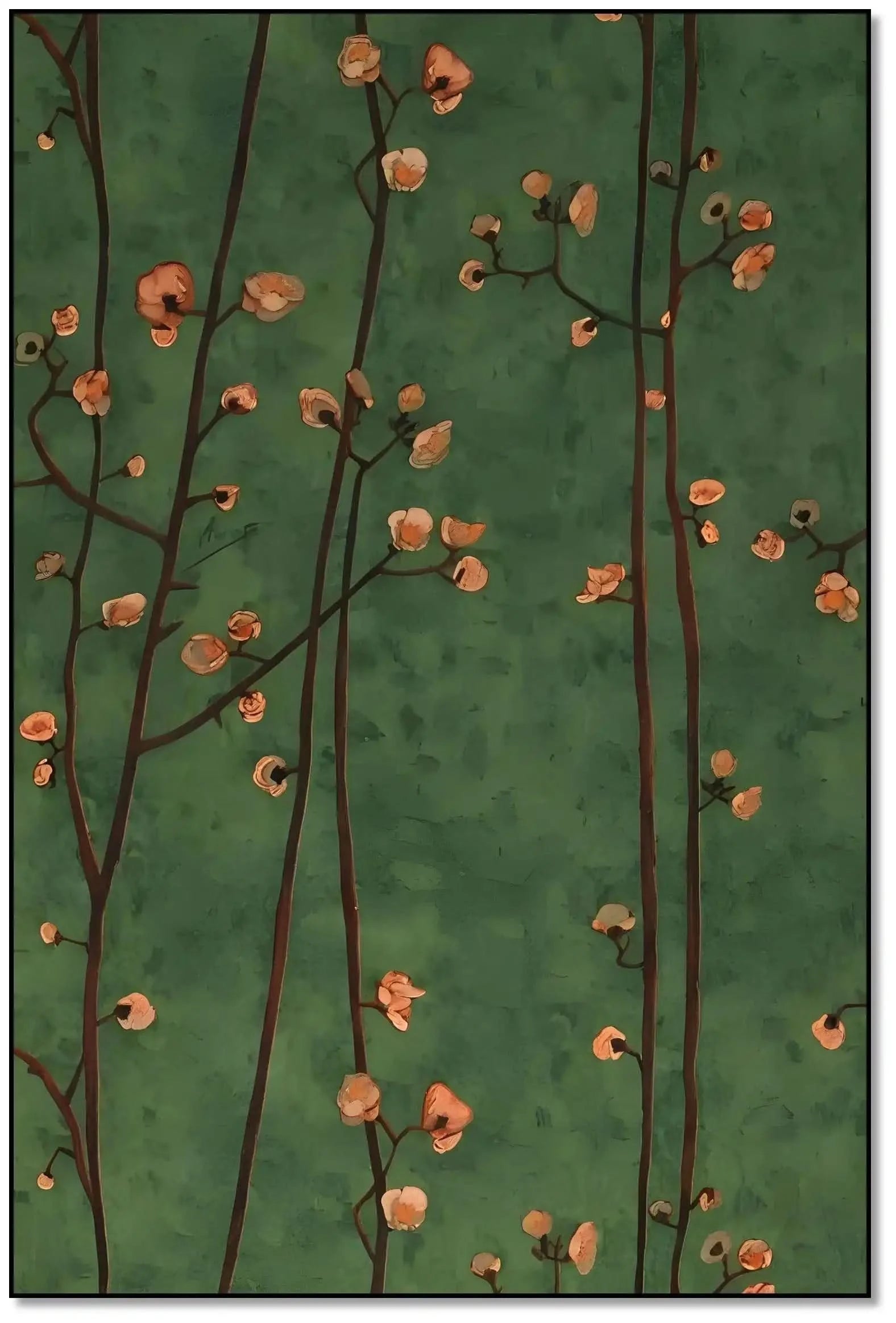 Branches délicates avec fleurs pêche sur fond vert profond, ambiance sereine et poétique pour salon ou chambre.