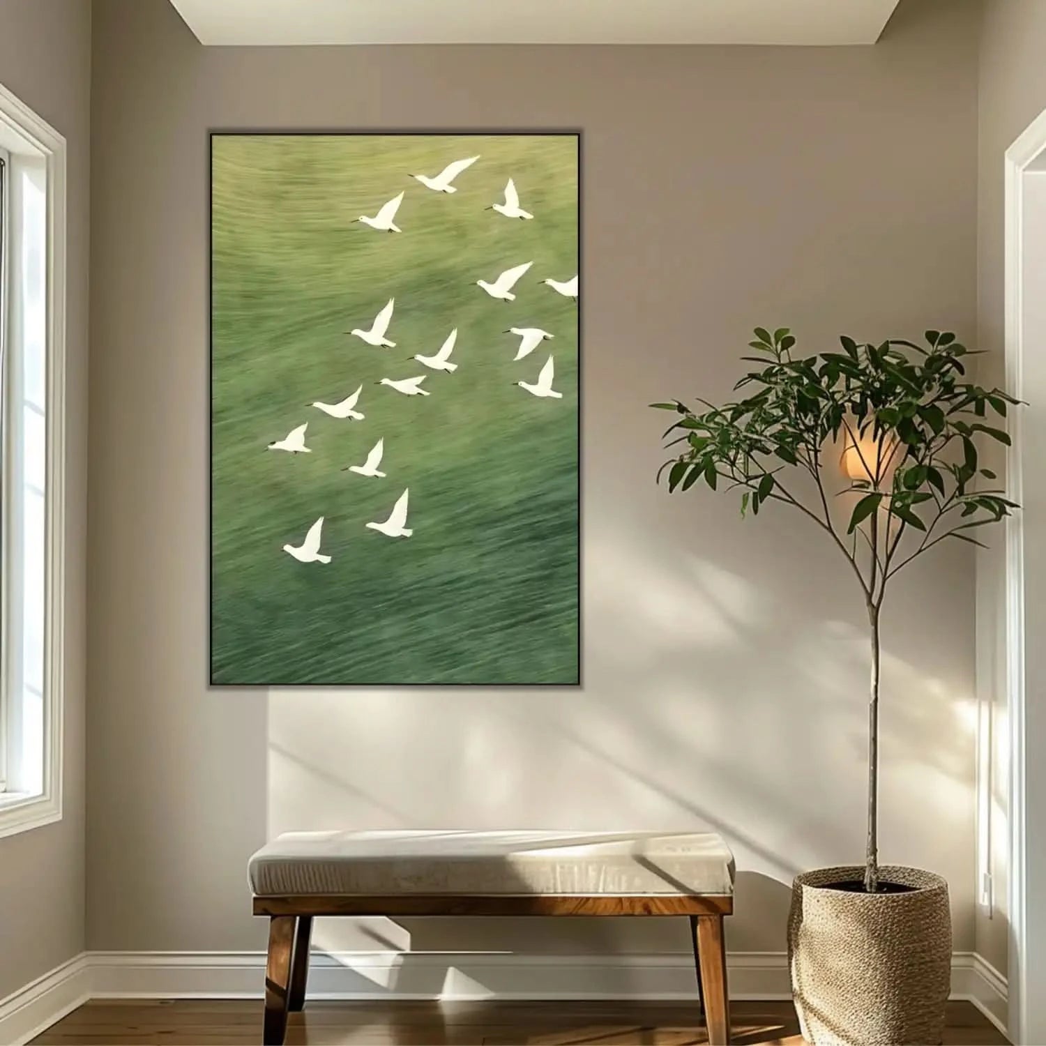 Oiseaux blancs en vol sur fond vert apaisant, évoquant liberté et sérénité, idéal pour salon ou bureau.