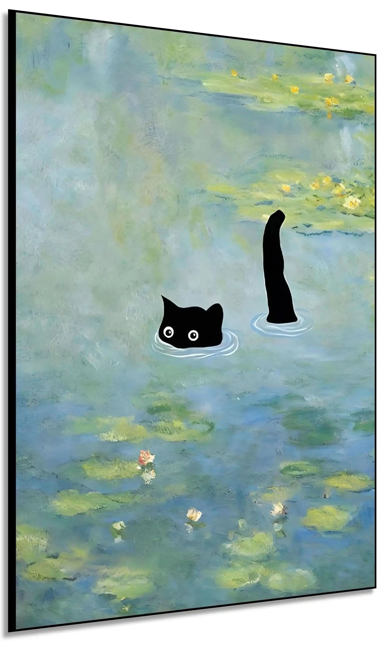 Chat noir mystérieux dans un étang aux nuances de bleu et vert, ambiance paisible et énigmatique pour salon ou bureau.
