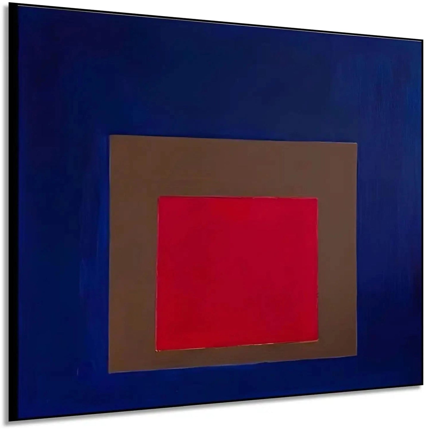 Tableau géométrique avec carré rouge vibrant, encadré de brun et bleu profond, créant une ambiance mystérieuse et captivante.