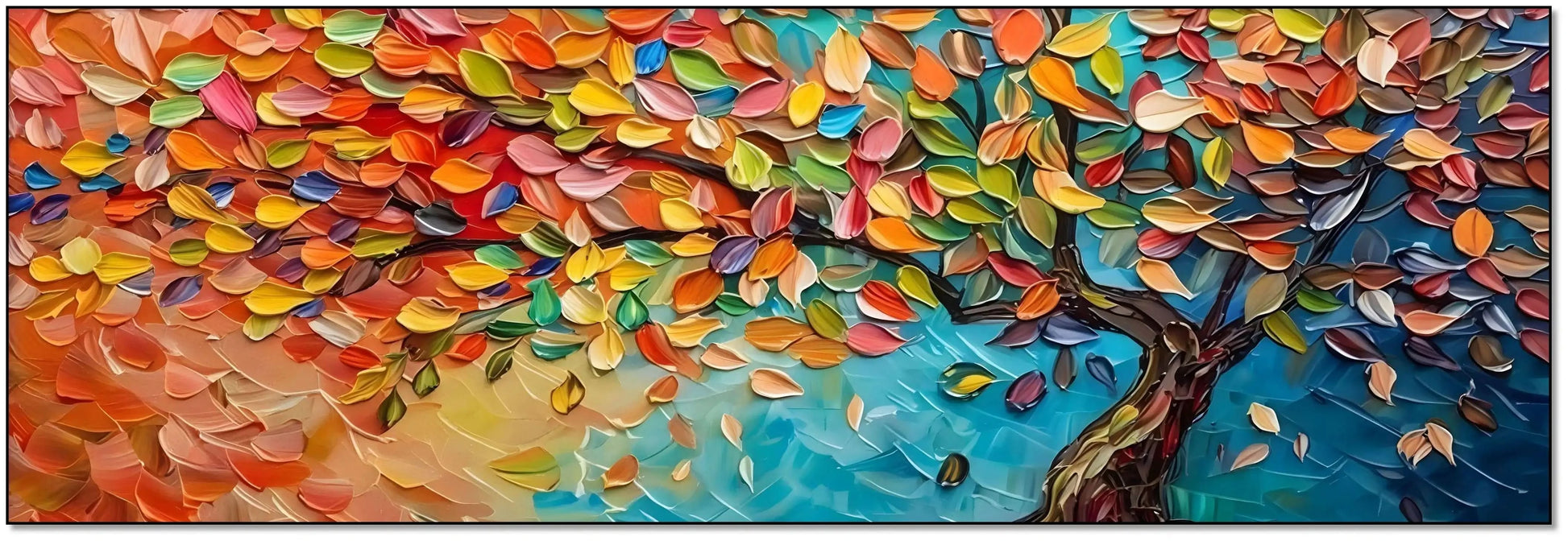 Arbre arc-en-ciel aux feuilles multicolores sur fond turquoise, peinture abstraite vibrant pour un salon joyeux et énergique.