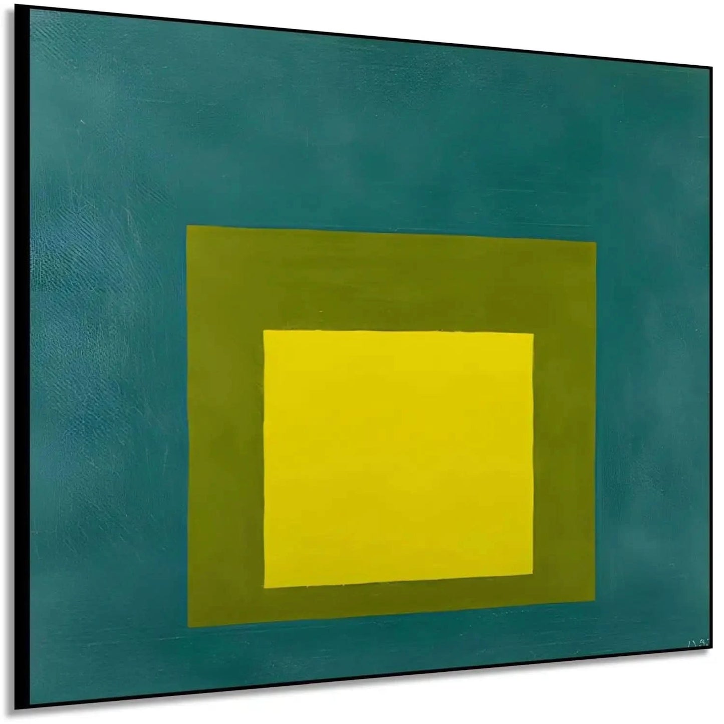 Peinture minimaliste avec carré jaune vif, entouré de vert olive et bleu émeraude, ambiance sereine pour salon moderne.