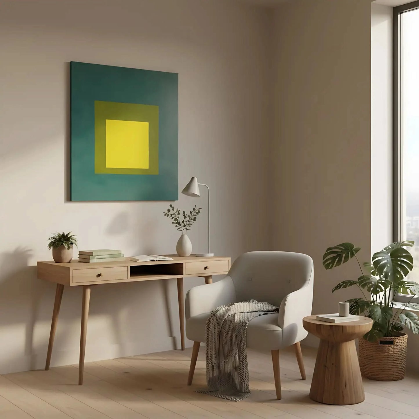 Peinture minimaliste avec carré jaune vif, entouré de vert olive et bleu émeraude, ambiance sereine pour salon moderne.