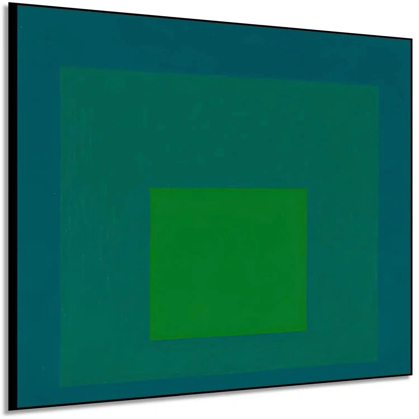 Tableau minimaliste avec carrés concentriques en vert émeraude et bleu profond, ambiance calme et équilibrée pour bureau mode