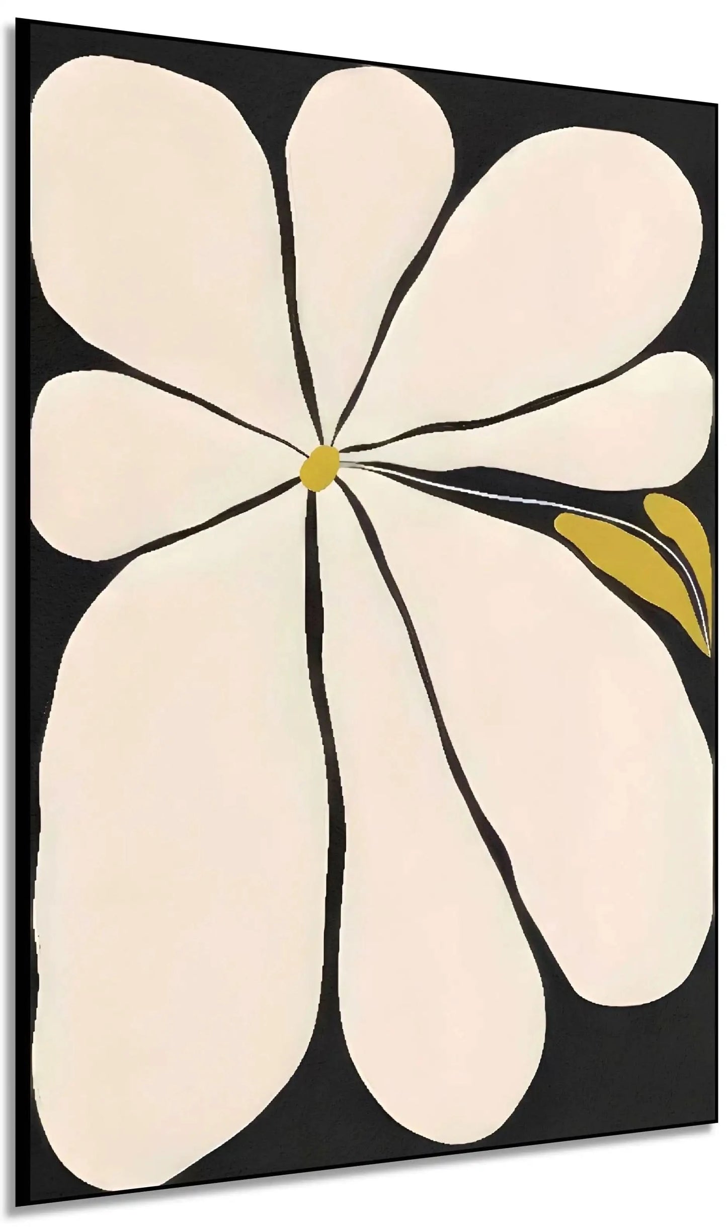 Tableau minimaliste avec fleur blanche sur fond noir, touches de jaune, ambiance sereine pour salon ou chambre moderne.