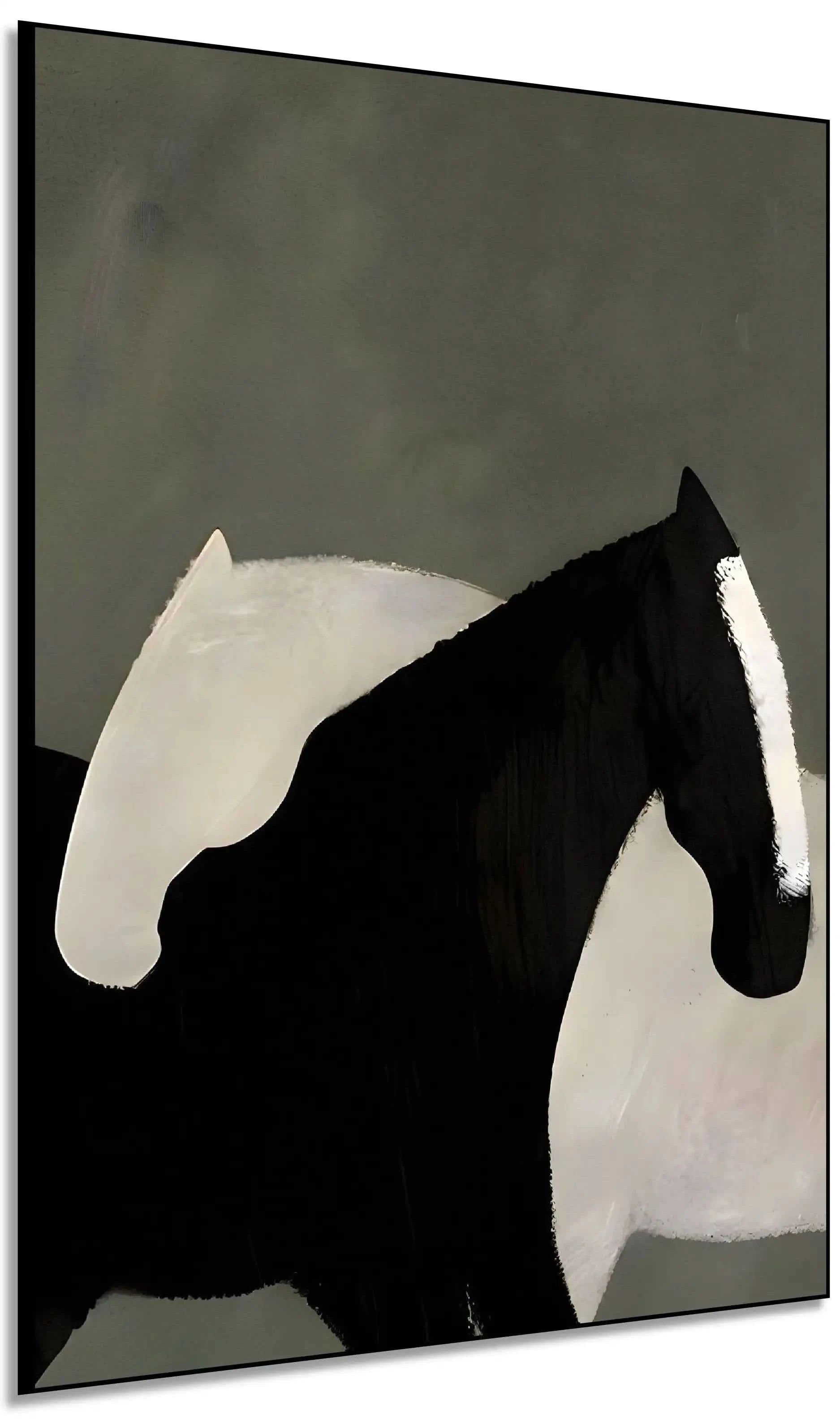 Deux chevaux stylisés en noir et blanc, contraste saisissant, harmonie parfaite, idéal pour salon moderne ou bureau.