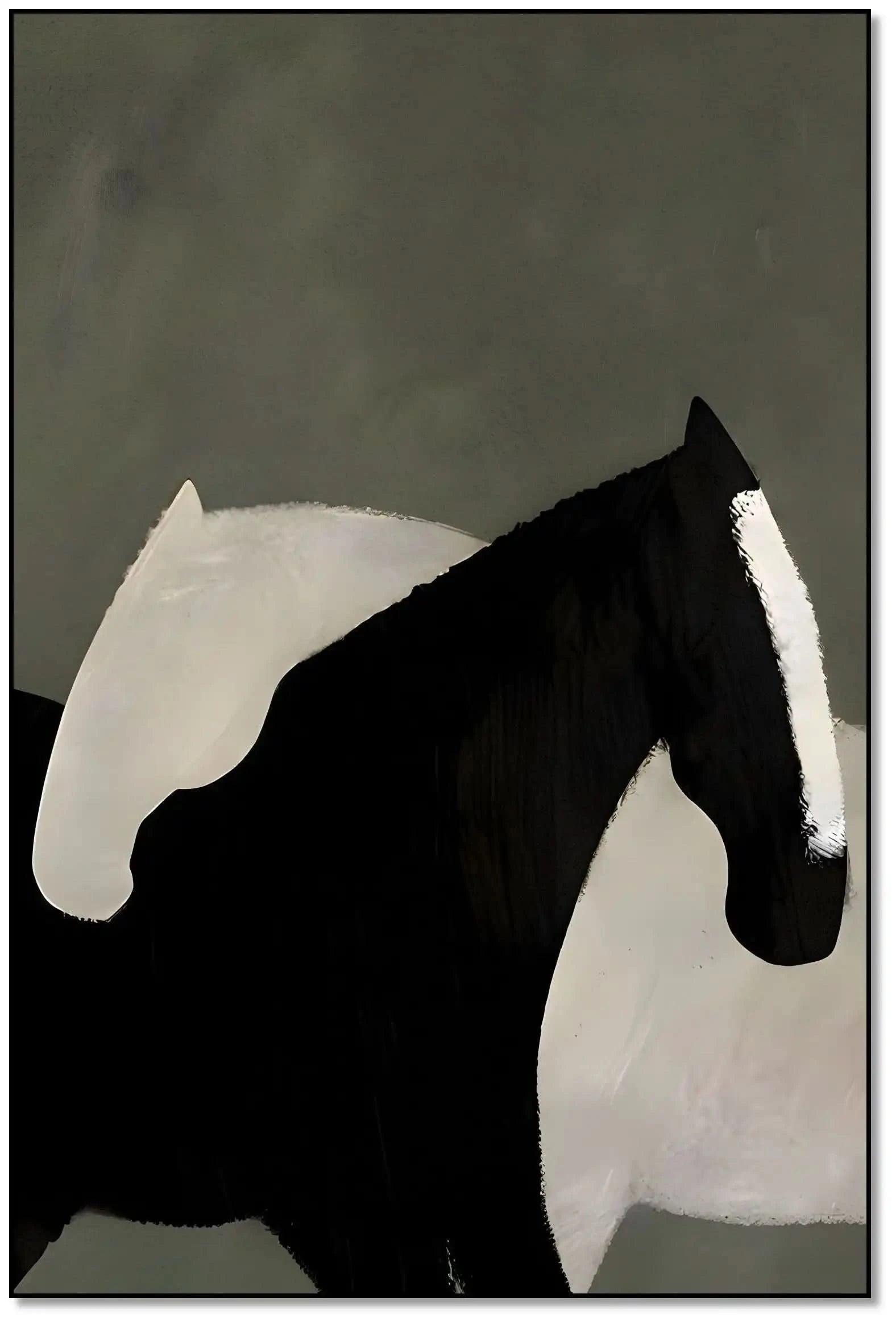 Deux chevaux stylisés en noir et blanc, contraste saisissant, harmonie parfaite, idéal pour salon moderne ou bureau.