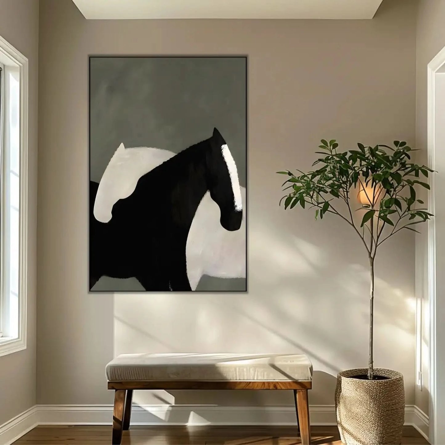 Deux chevaux stylisés en noir et blanc, contraste saisissant, harmonie parfaite, idéal pour salon moderne ou bureau.