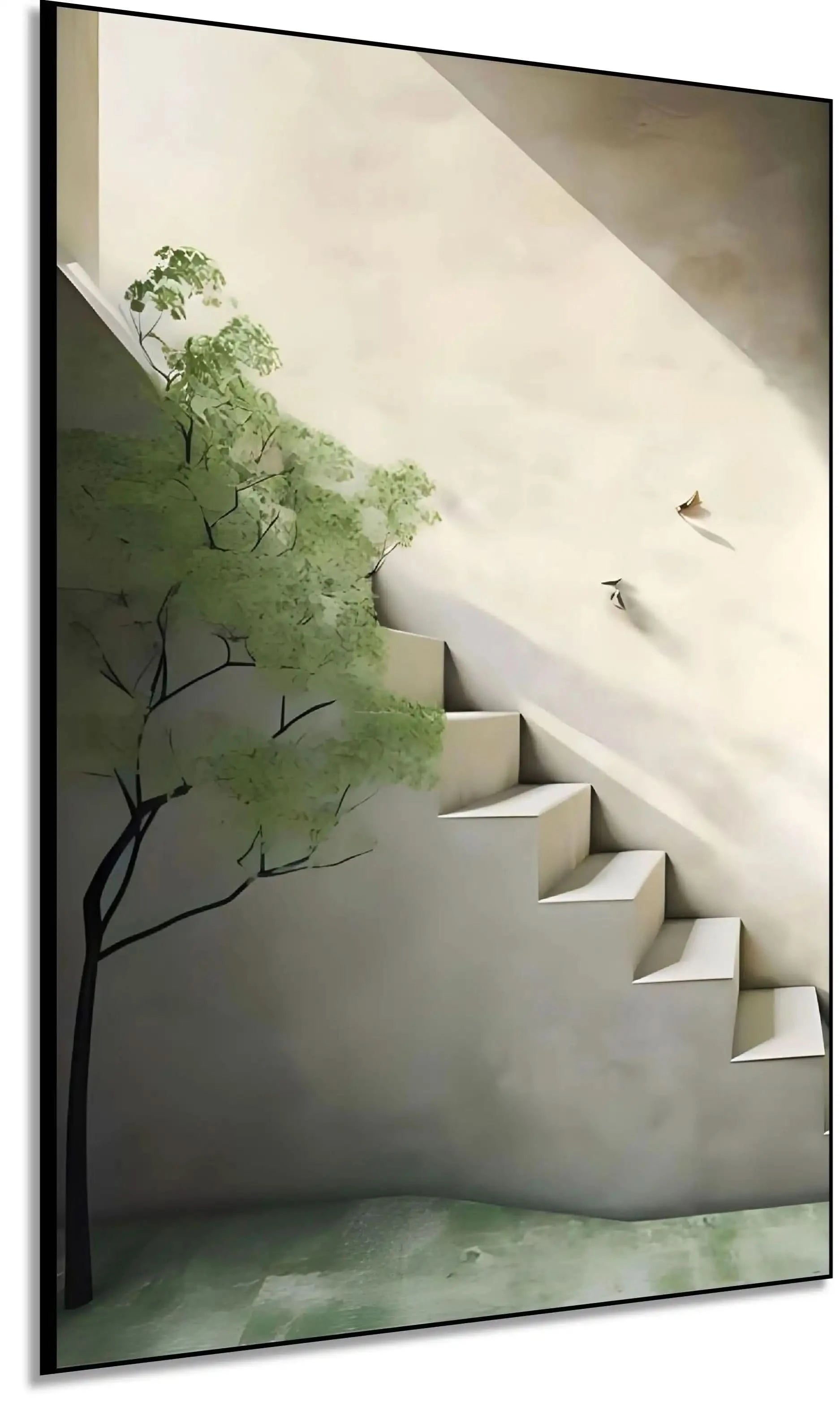 Peinture minimaliste avec escalier lumineux et arbre vert, ambiance sereine et apaisante pour salon ou bureau.