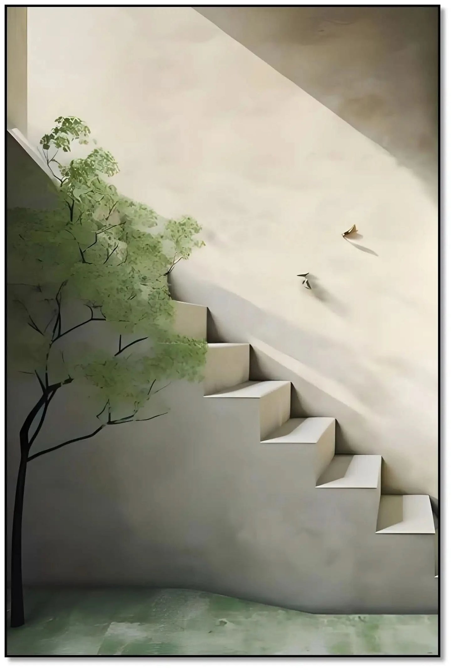 Peinture minimaliste avec escalier lumineux et arbre vert, ambiance sereine et apaisante pour salon ou bureau.