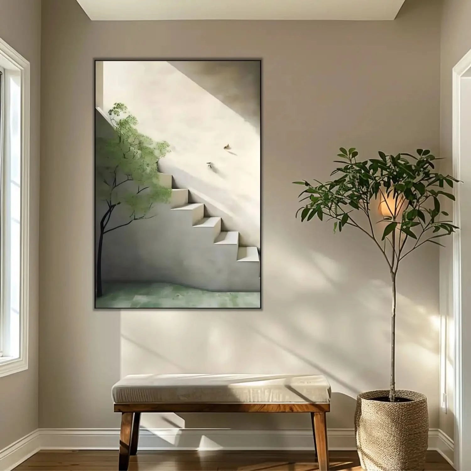 Peinture minimaliste avec escalier lumineux et arbre vert, ambiance sereine et apaisante pour salon ou bureau.