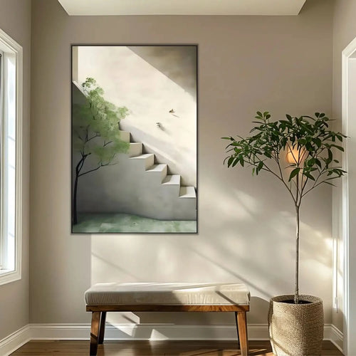 Peinture minimaliste avec escalier lumineux et arbre vert, ambiance sereine et apaisante pour salon ou bureau.