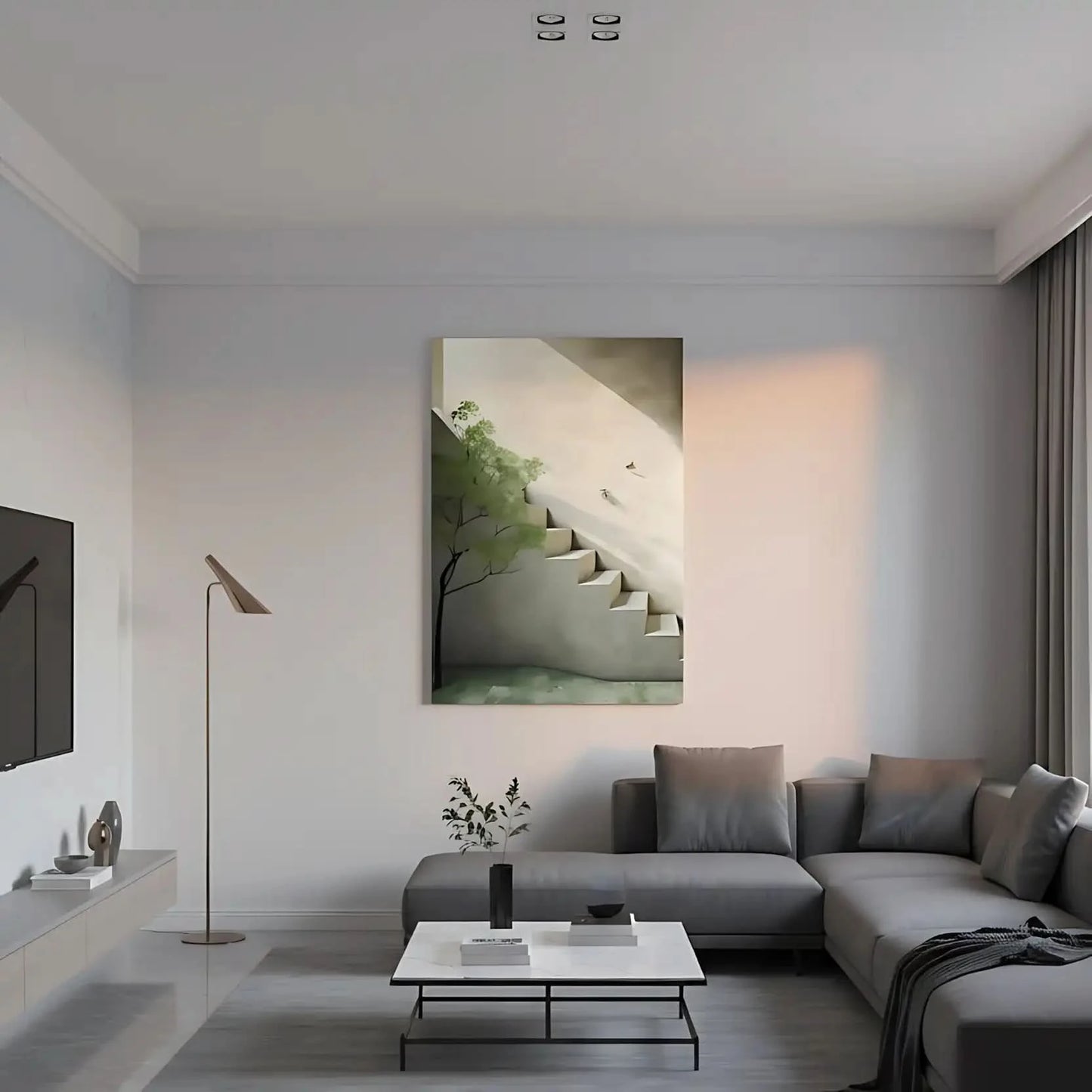 Peinture minimaliste avec escalier lumineux et arbre vert, ambiance sereine et apaisante pour salon ou bureau.