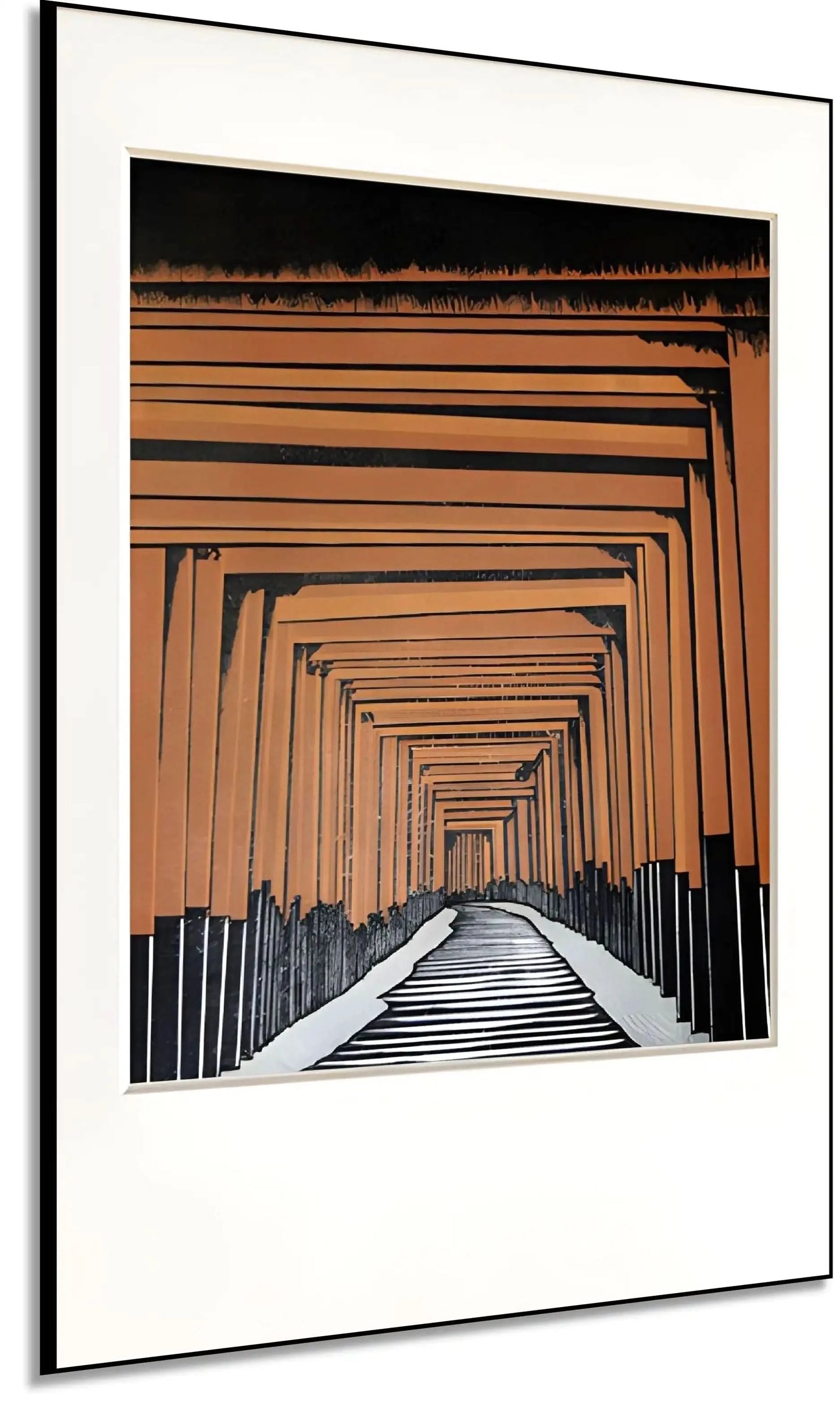 Tableau géométrique avec portails orange et noir, perspective infinie, ambiance mystérieuse pour bureau ou salon moderne.