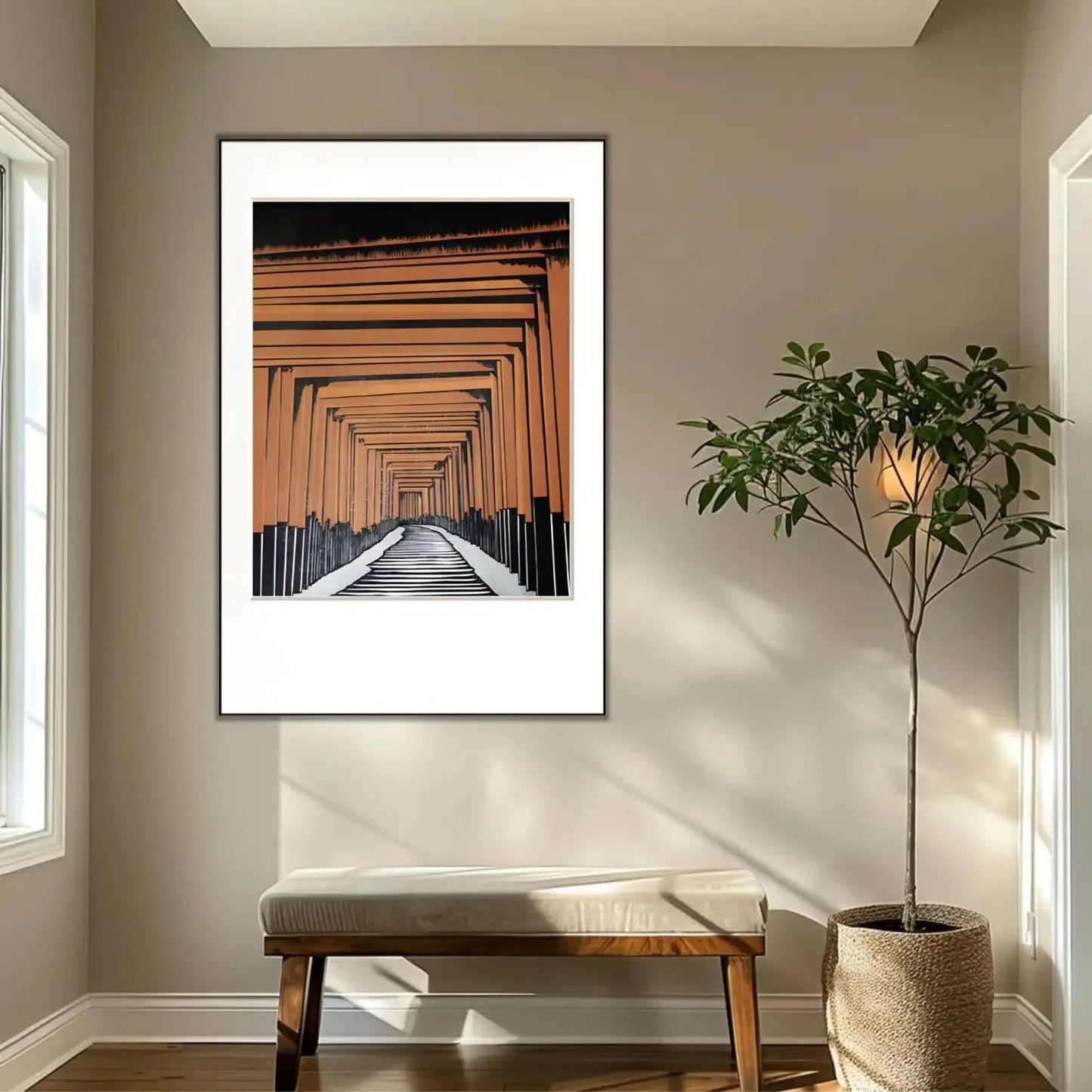 Tableau géométrique avec portails orange et noir, perspective infinie, ambiance mystérieuse pour bureau ou salon moderne.
