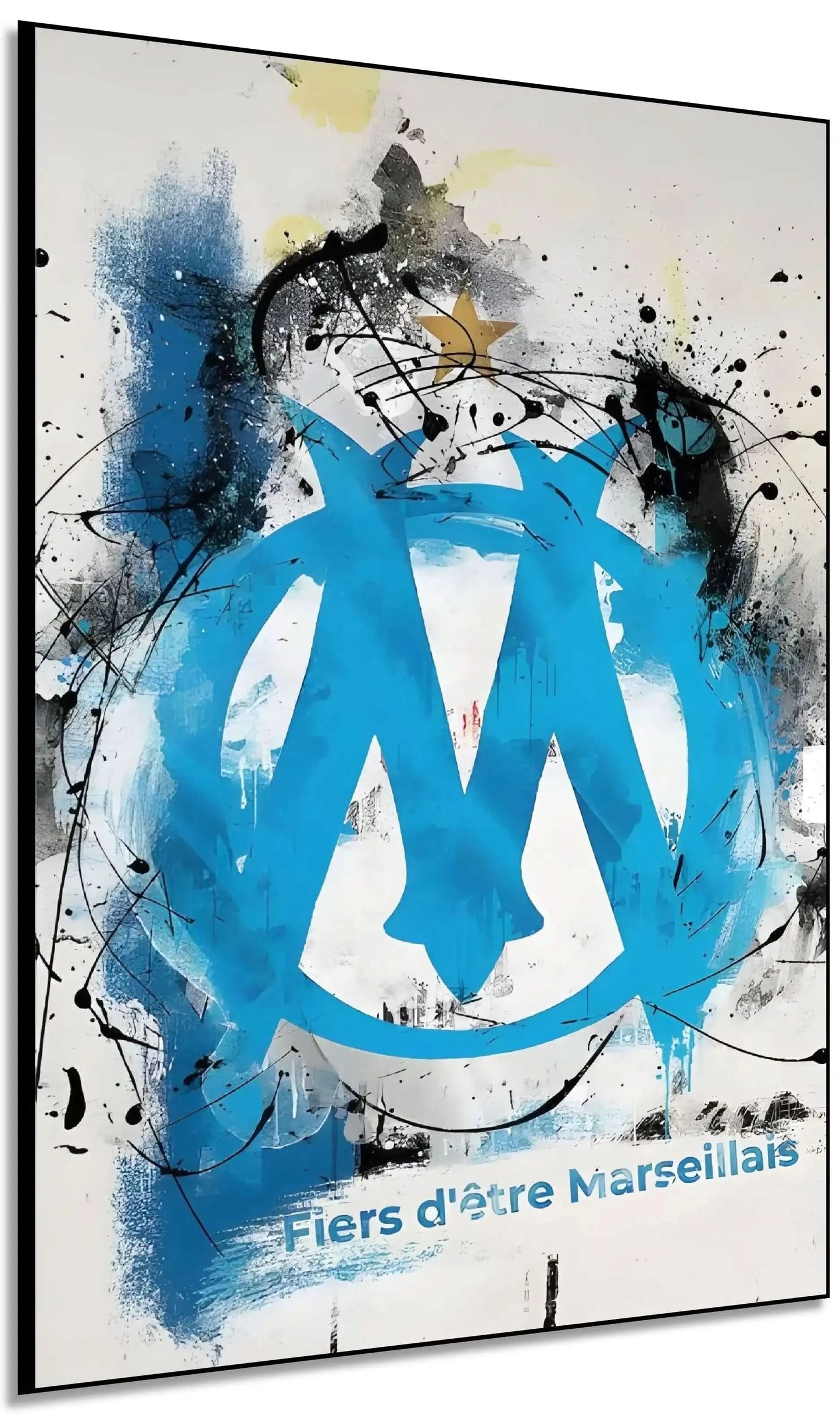 Tableau moderne avec logo marseillais, éclats de bleu vif et noir profond, ambiance dynamique pour salon ou bureau.