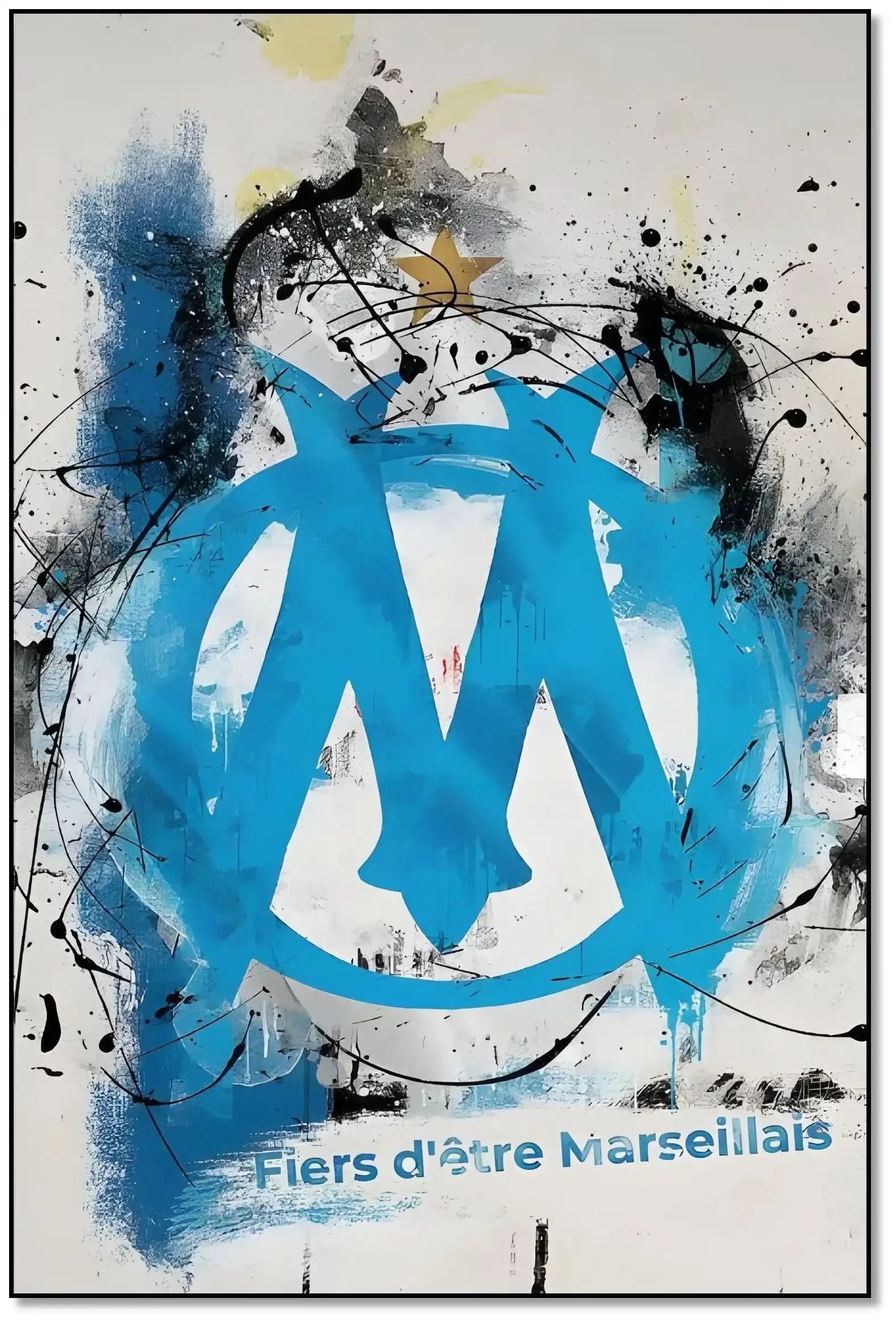 Tableau moderne avec logo marseillais, éclats de bleu vif et noir profond, ambiance dynamique pour salon ou bureau.