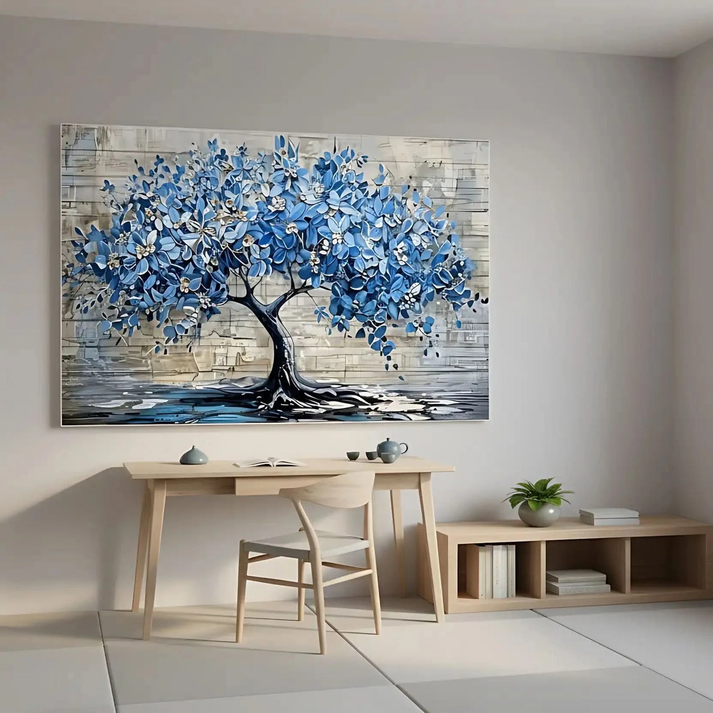 Arbre impressionniste en fleurs bleues, reflet élégant, palette bleu glacé et beige, apporte sérénité pour chambre ou salon.