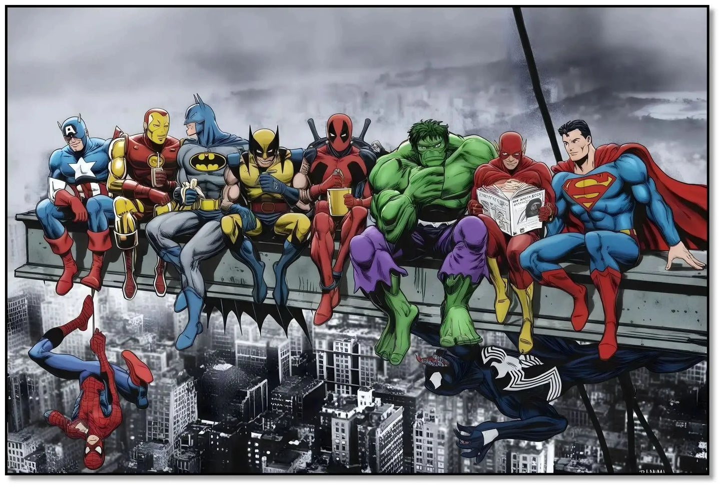 Super-héros colorés assis sur une poutre, surplombant une ville en noir et blanc, ambiance pop art dynamique.