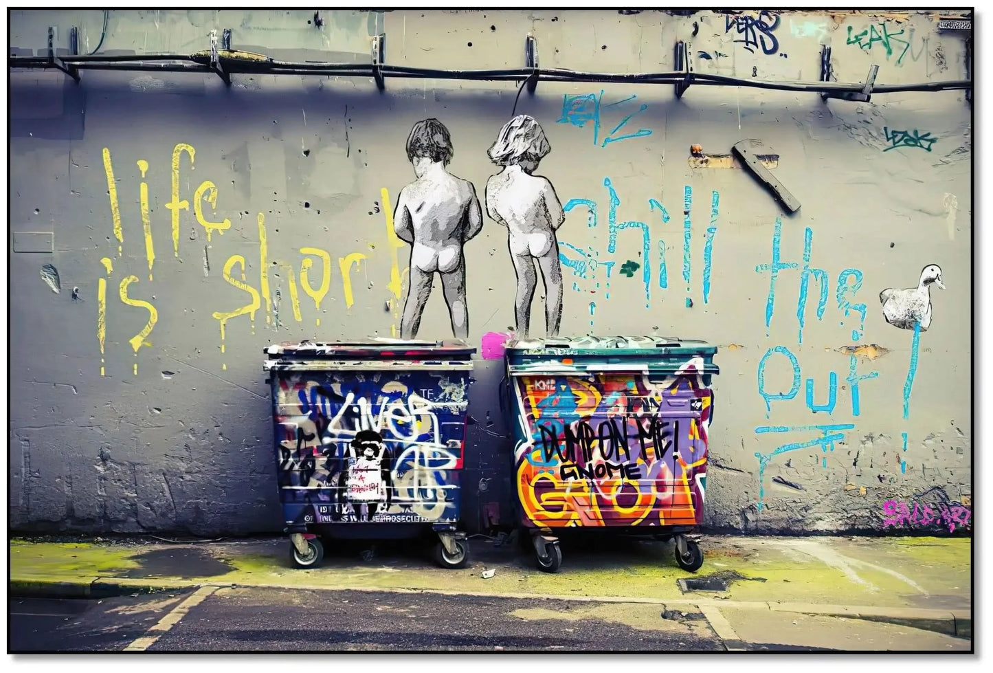 Street art avec enfants en noir et blanc, graffitis colorés sur mur gris, ambiance urbaine et réflexion sur la vie.