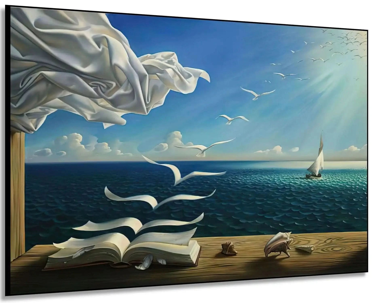 Tableau surréaliste avec livre aux pages s'envolant, ciel bleu éclatant, mouettes blanches, ambiance paisible pour bureau ou