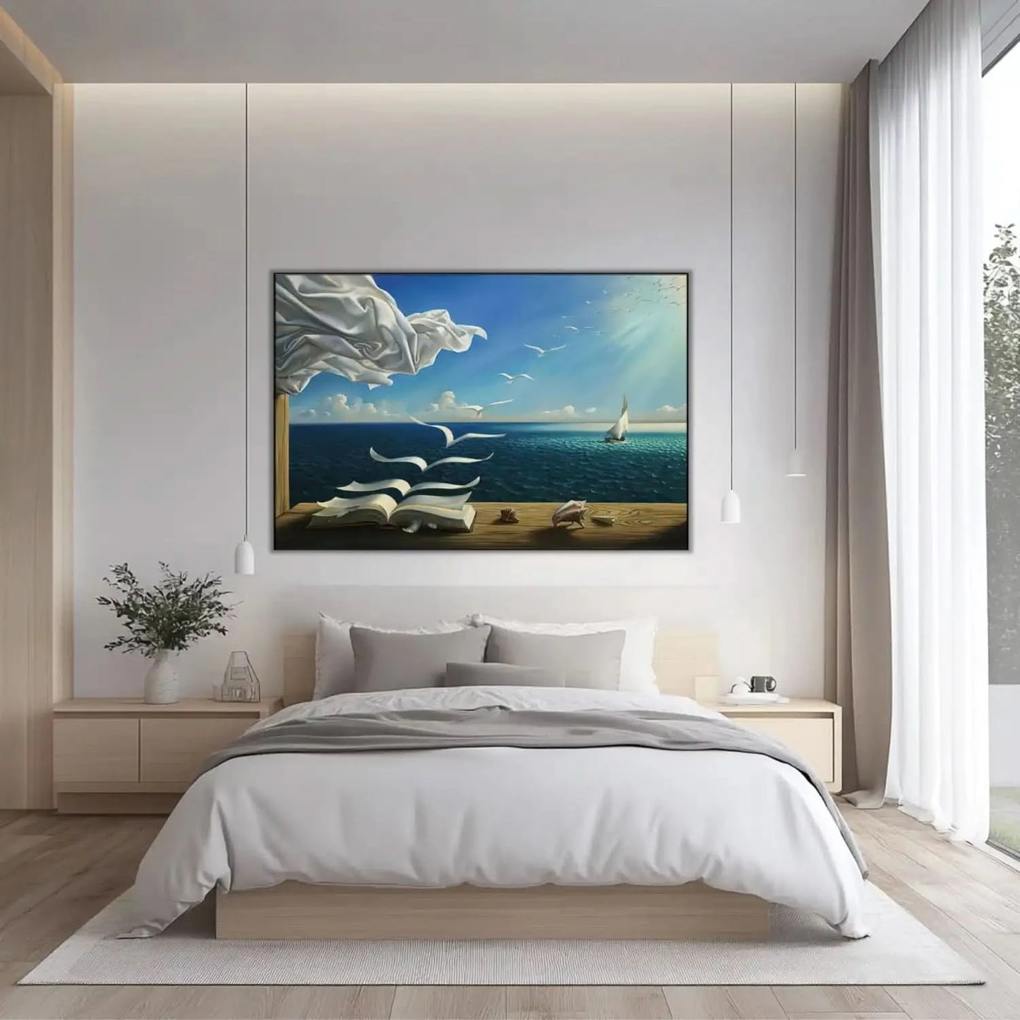 Tableau surréaliste avec livre aux pages s'envolant, ciel bleu éclatant, mouettes blanches, ambiance paisible pour bureau ou