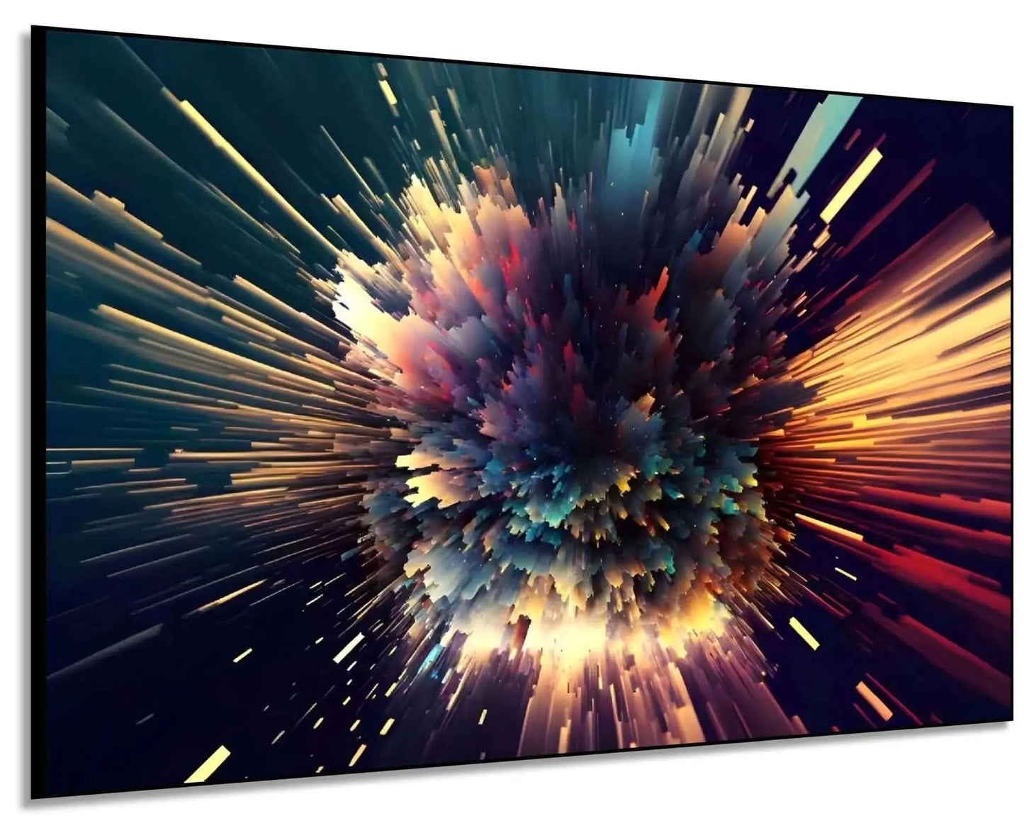 Œuvre abstraite avec explosion de couleurs vibrantes, bleu profond, rouge incandescent et jaune doré, ambiance dynamique pour