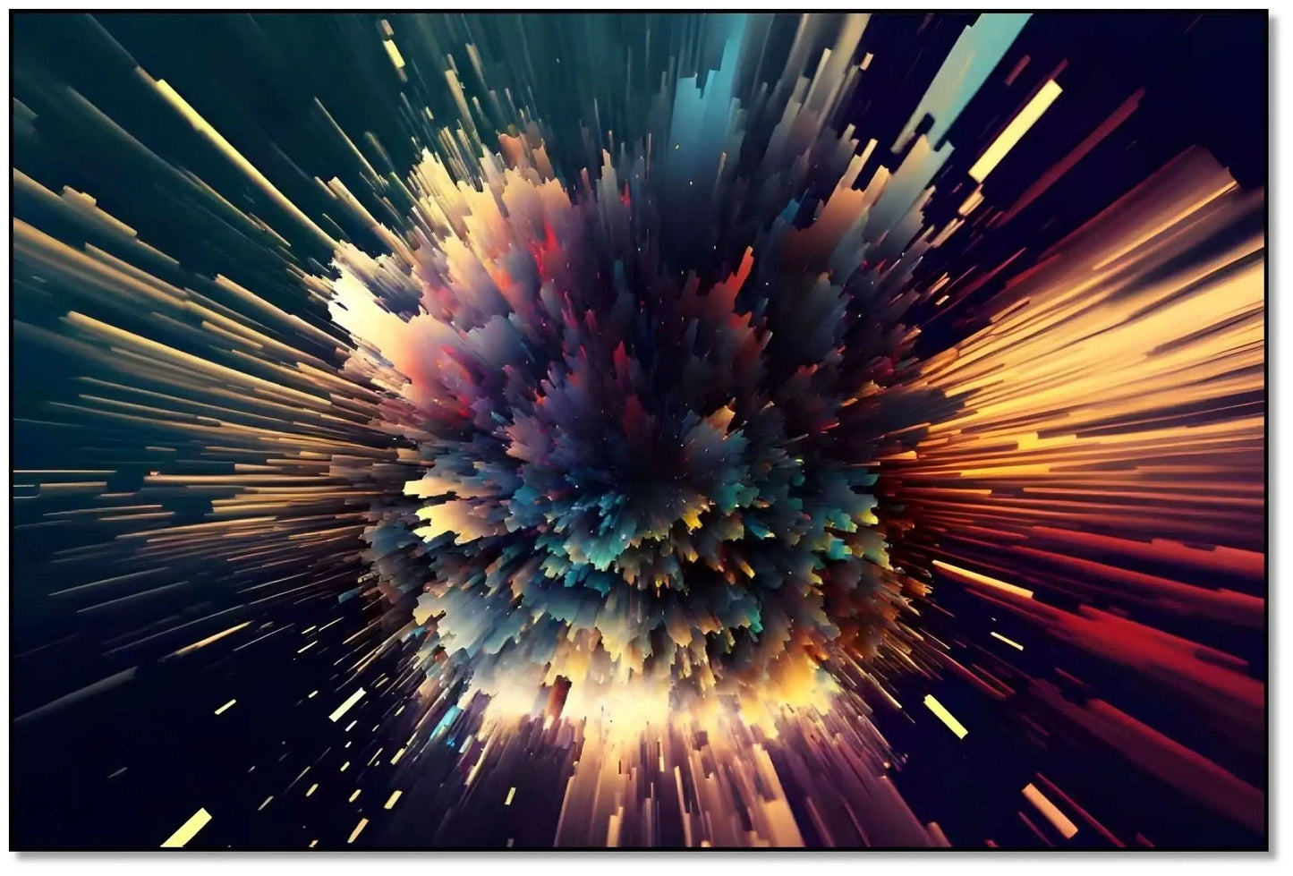 Œuvre abstraite avec explosion de couleurs vibrantes, bleu profond, rouge incandescent et jaune doré, ambiance dynamique pour