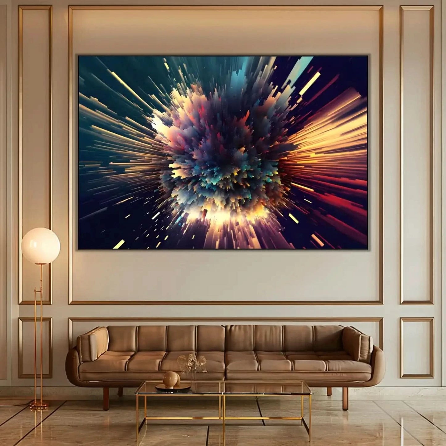 Œuvre abstraite avec explosion de couleurs vibrantes, bleu profond, rouge incandescent et jaune doré, ambiance dynamique pour