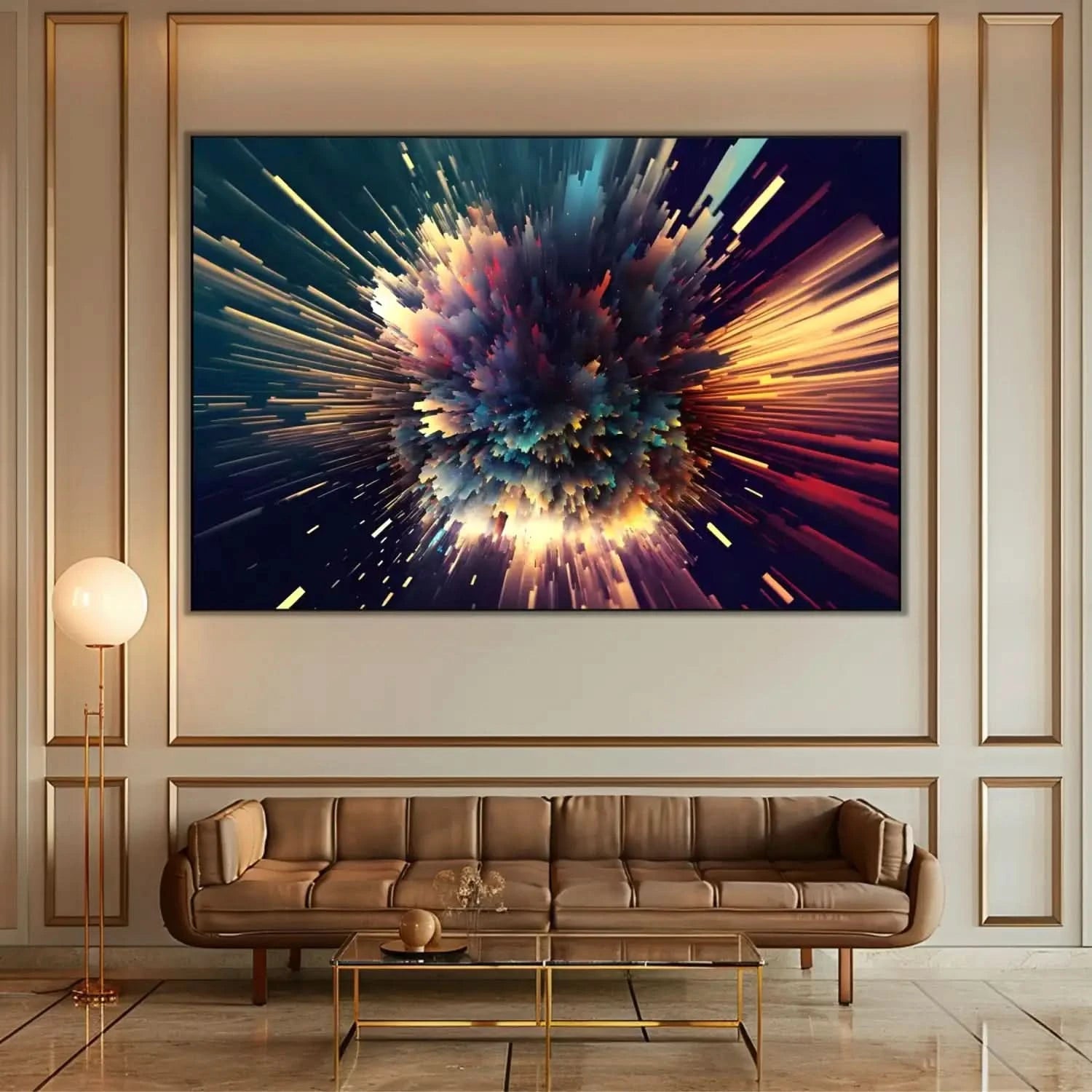 Œuvre abstraite avec explosion de couleurs vibrantes, bleu profond, rouge incandescent et jaune doré, ambiance dynamique pour