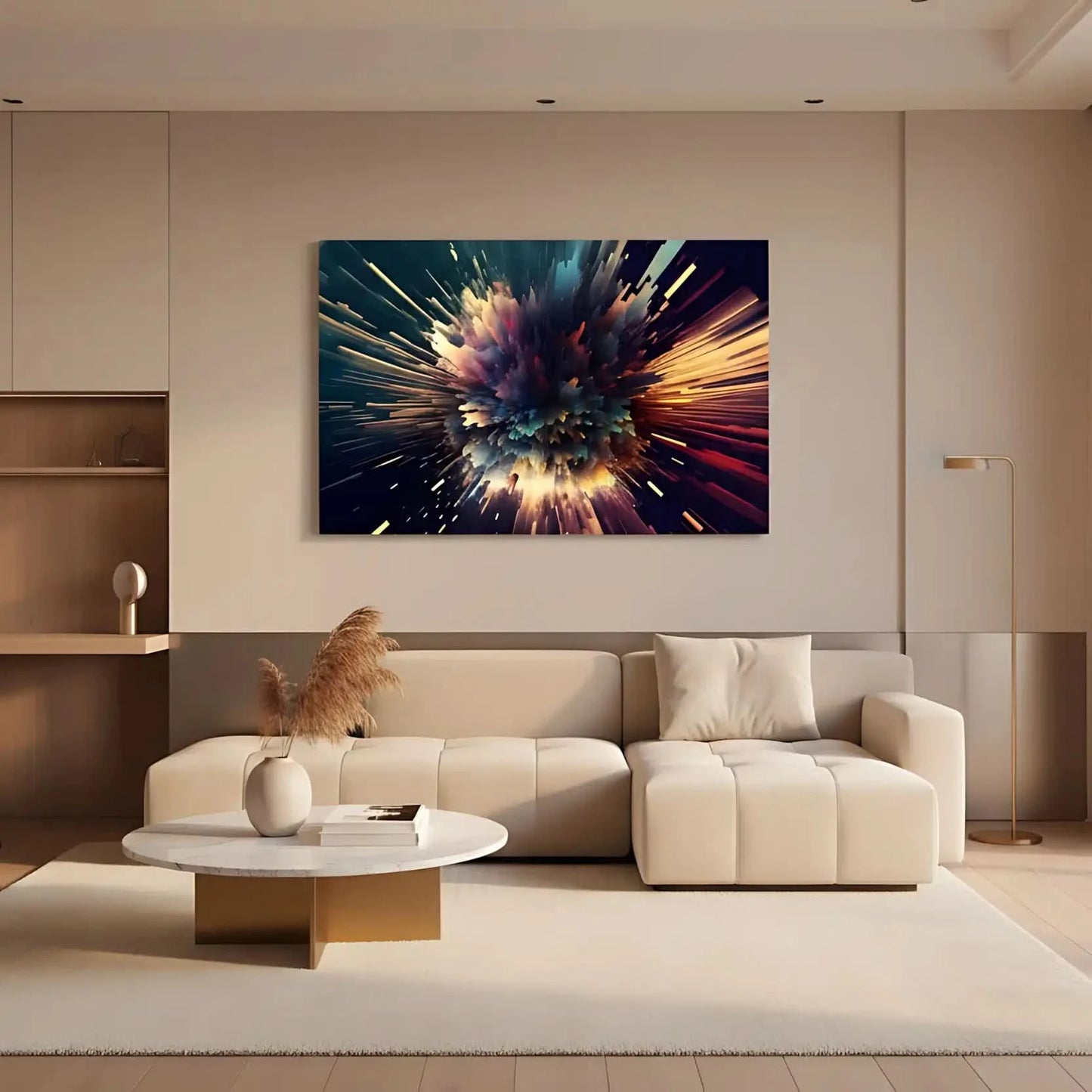 Oeuvre abstraite avec explosion de couleurs vibrantes, bleu profond, rouge incandescent et jaune doré, ambiance dynamique pour