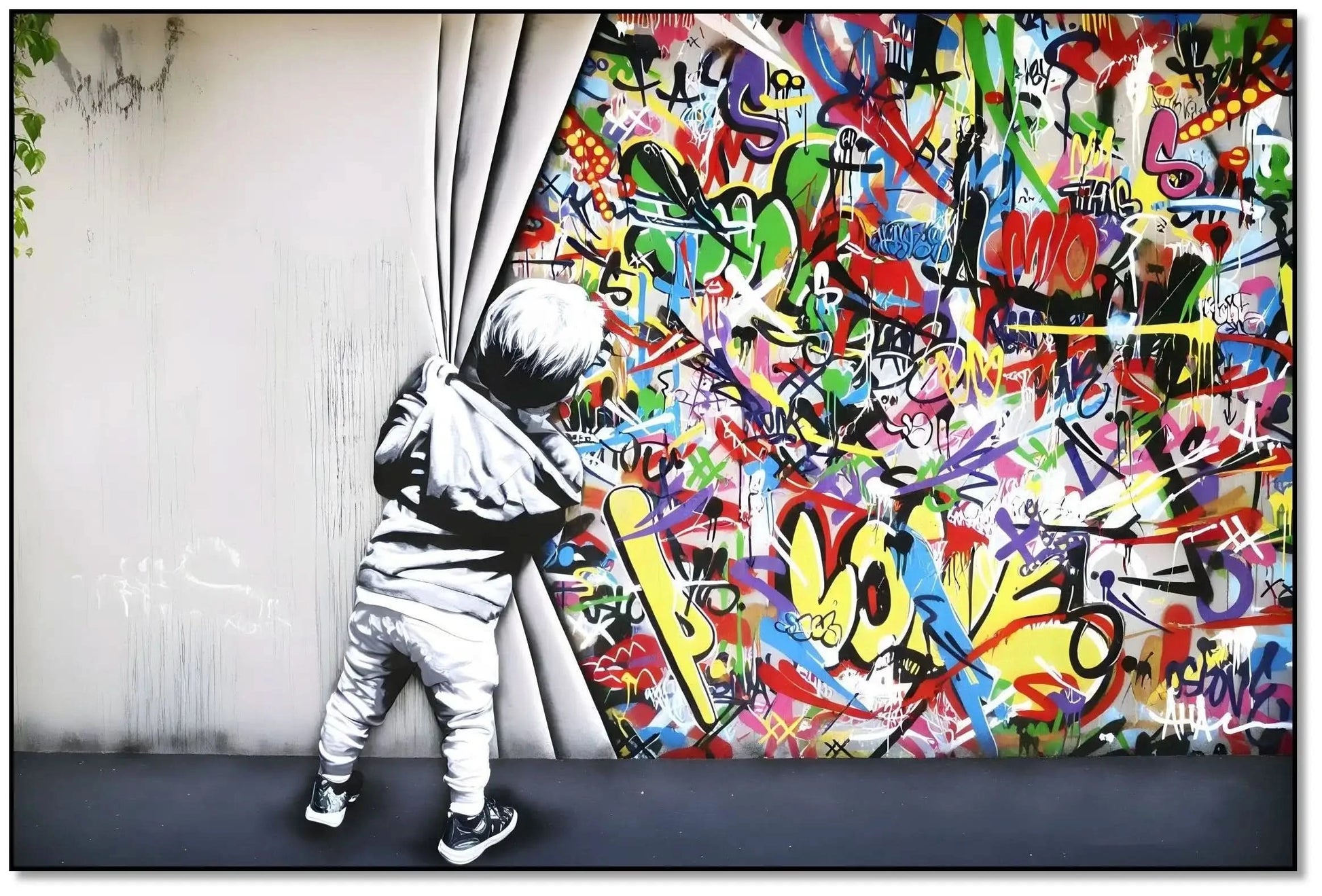 Enfant en noir et blanc découvrant des graffitis multicolores, ambiance urbaine et dynamique pour salon ou bureau moderne.