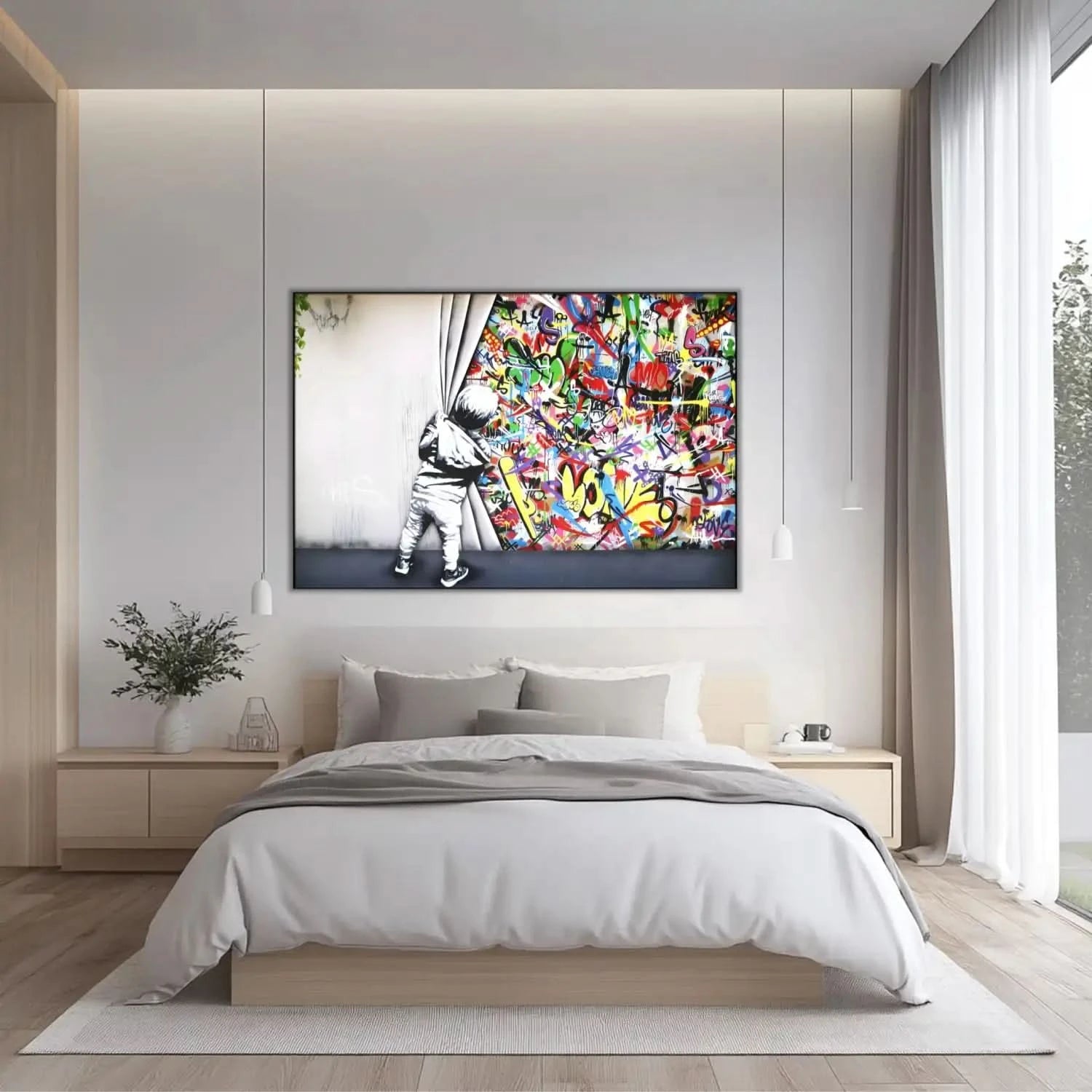 Enfant en noir et blanc découvrant des graffitis multicolores, ambiance urbaine et dynamique pour salon ou bureau moderne.