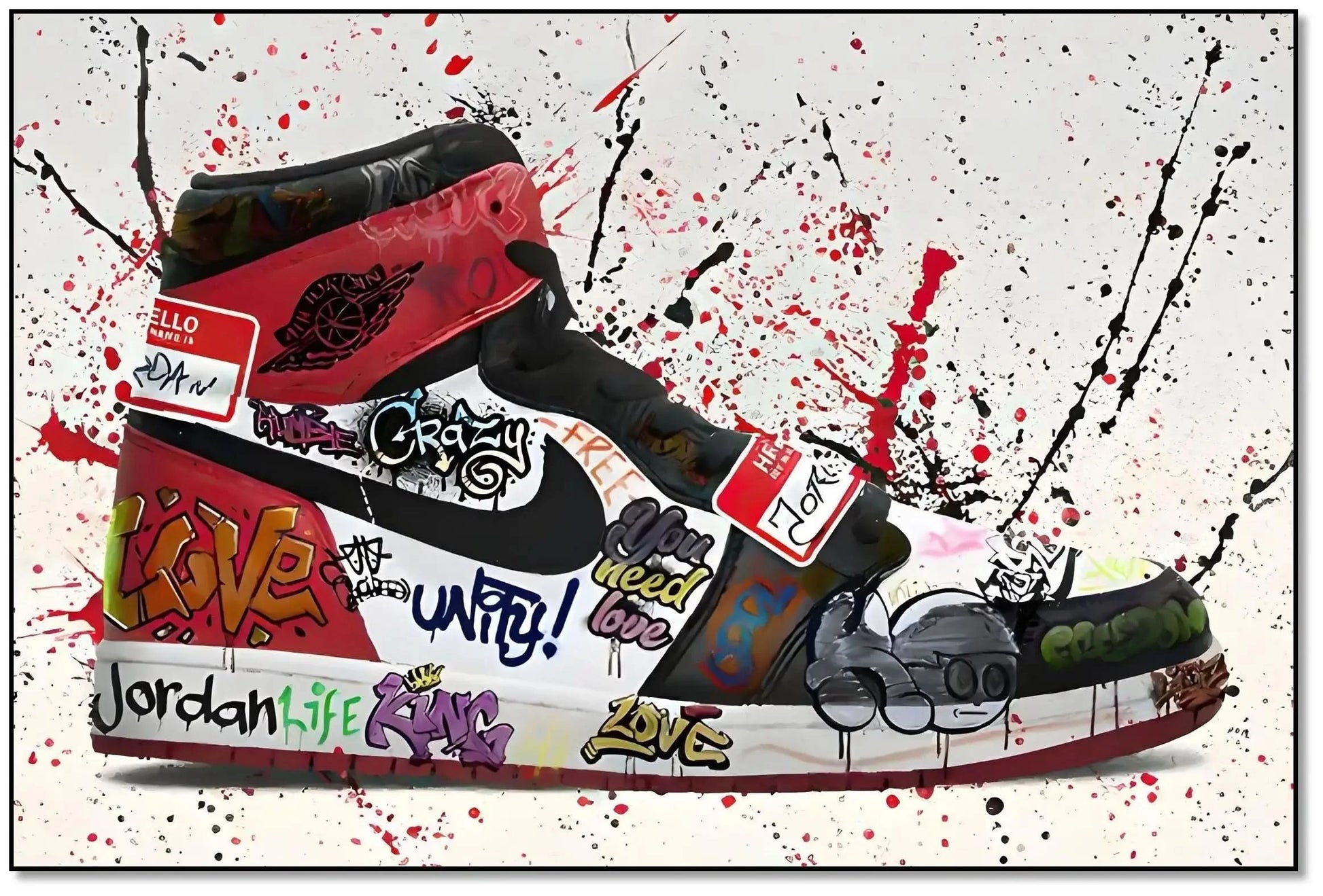 Chaussure ornée de graffitis multicolores, éclaboussures rouges et noires, énergie urbaine pour salon moderne ou bureau créat