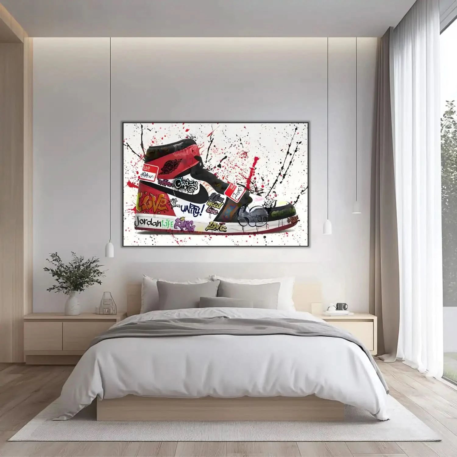 Chaussure ornée de graffitis multicolores, éclaboussures rouges et noires, énergie urbaine pour salon moderne ou bureau créat