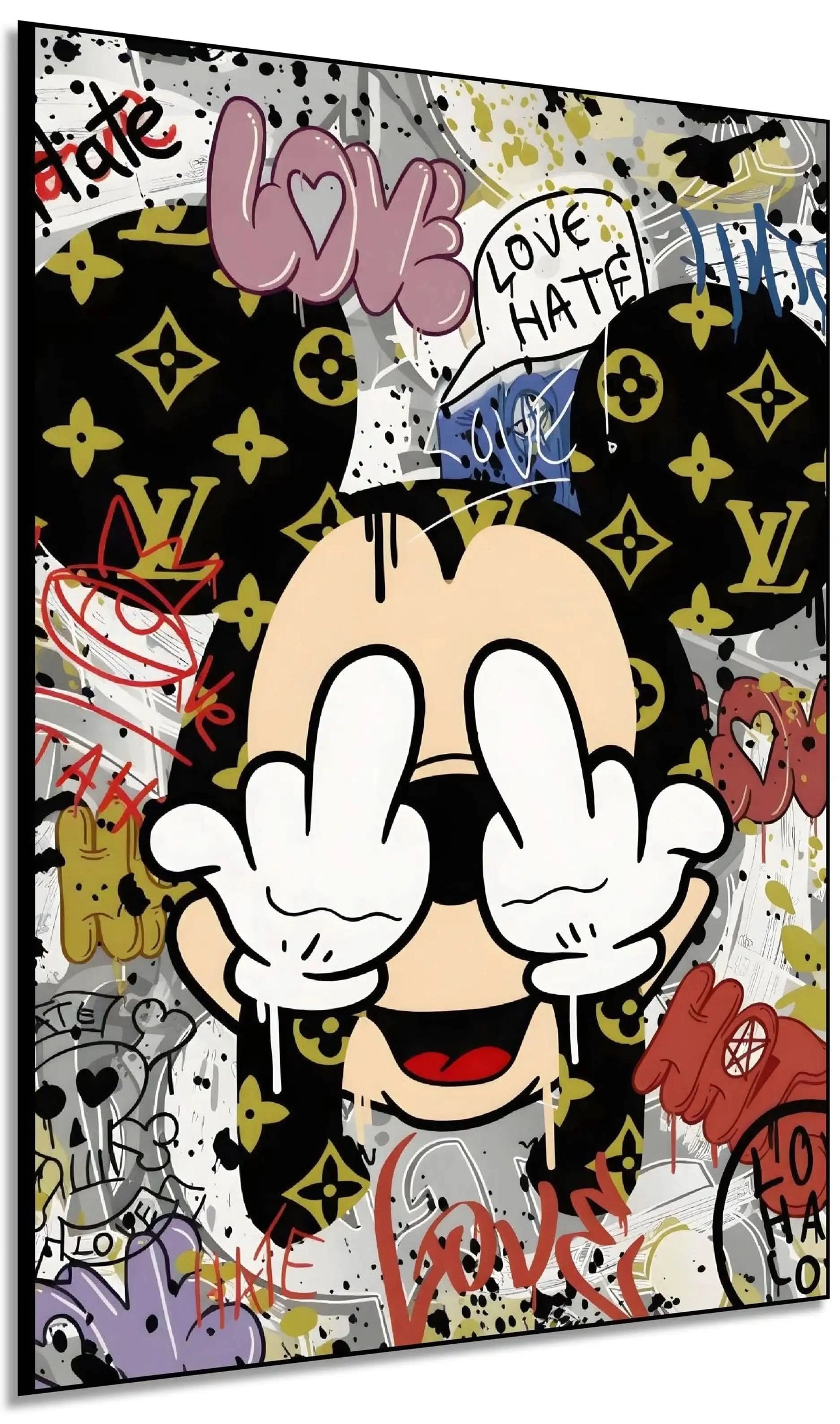 Toile Pop Art avec motifs iconiques, graffitis expressifs, couleurs vives et ambiance urbaine pour salon moderne.
