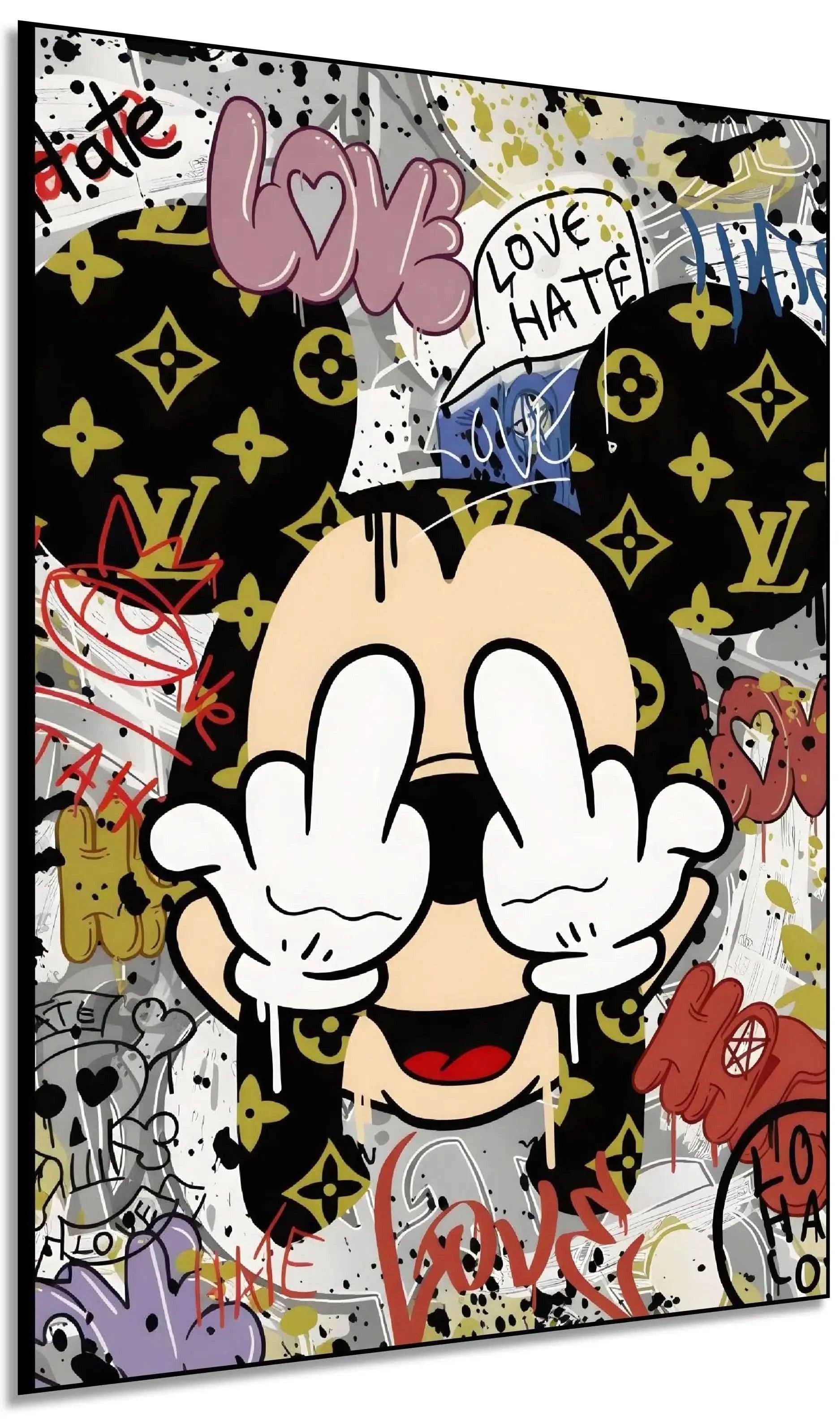 Toile Pop Art avec motifs iconiques, graffitis expressifs, couleurs vives et ambiance urbaine pour salon moderne.