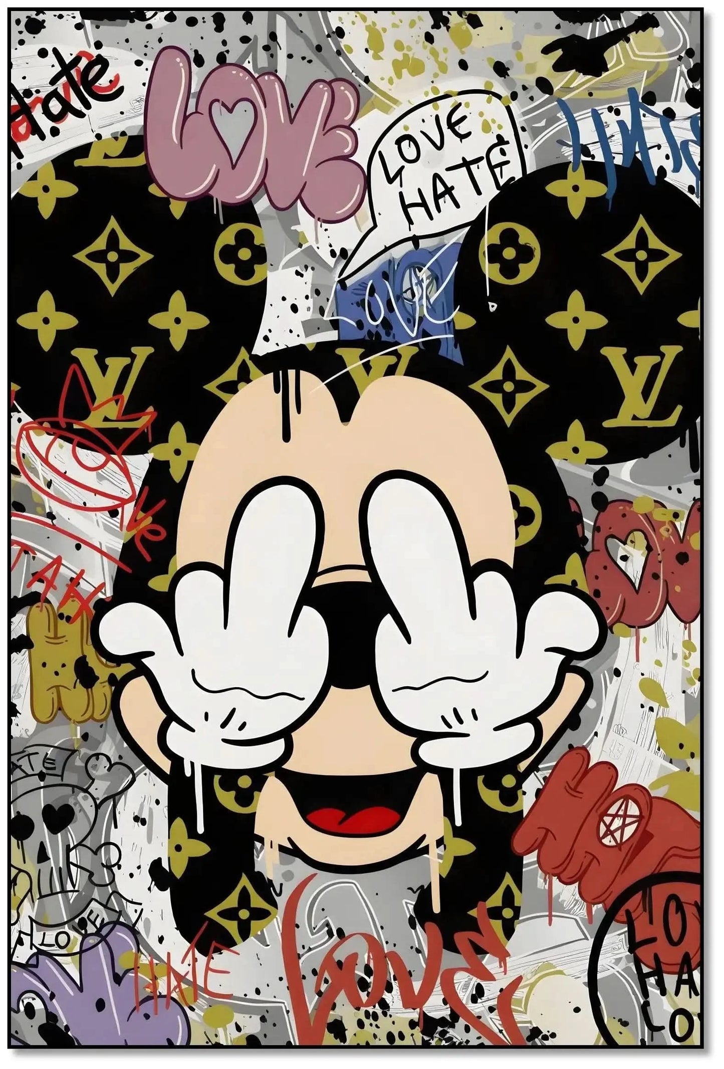 Toile Pop Art avec motifs iconiques, graffitis expressifs, couleurs vives et ambiance urbaine pour salon moderne.