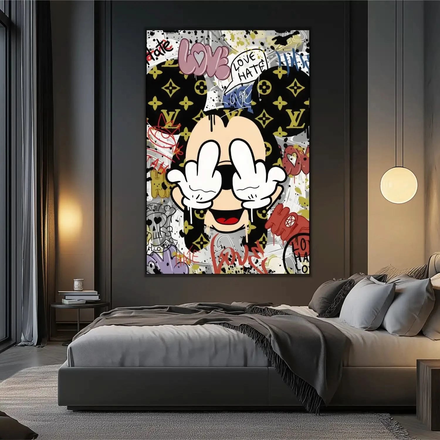 Toile Pop Art avec motifs iconiques, graffitis expressifs, couleurs vives et ambiance urbaine pour salon moderne.