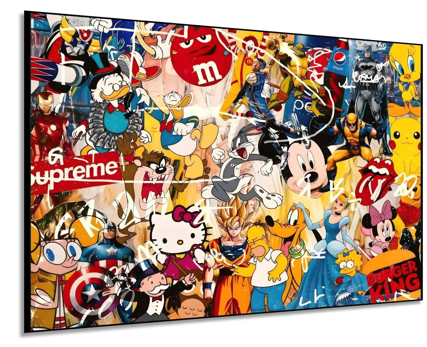 Toile pop art avec personnages iconiques, couleurs vives et énergie ludique, idéale pour salon moderne ou chambre d'adolescen