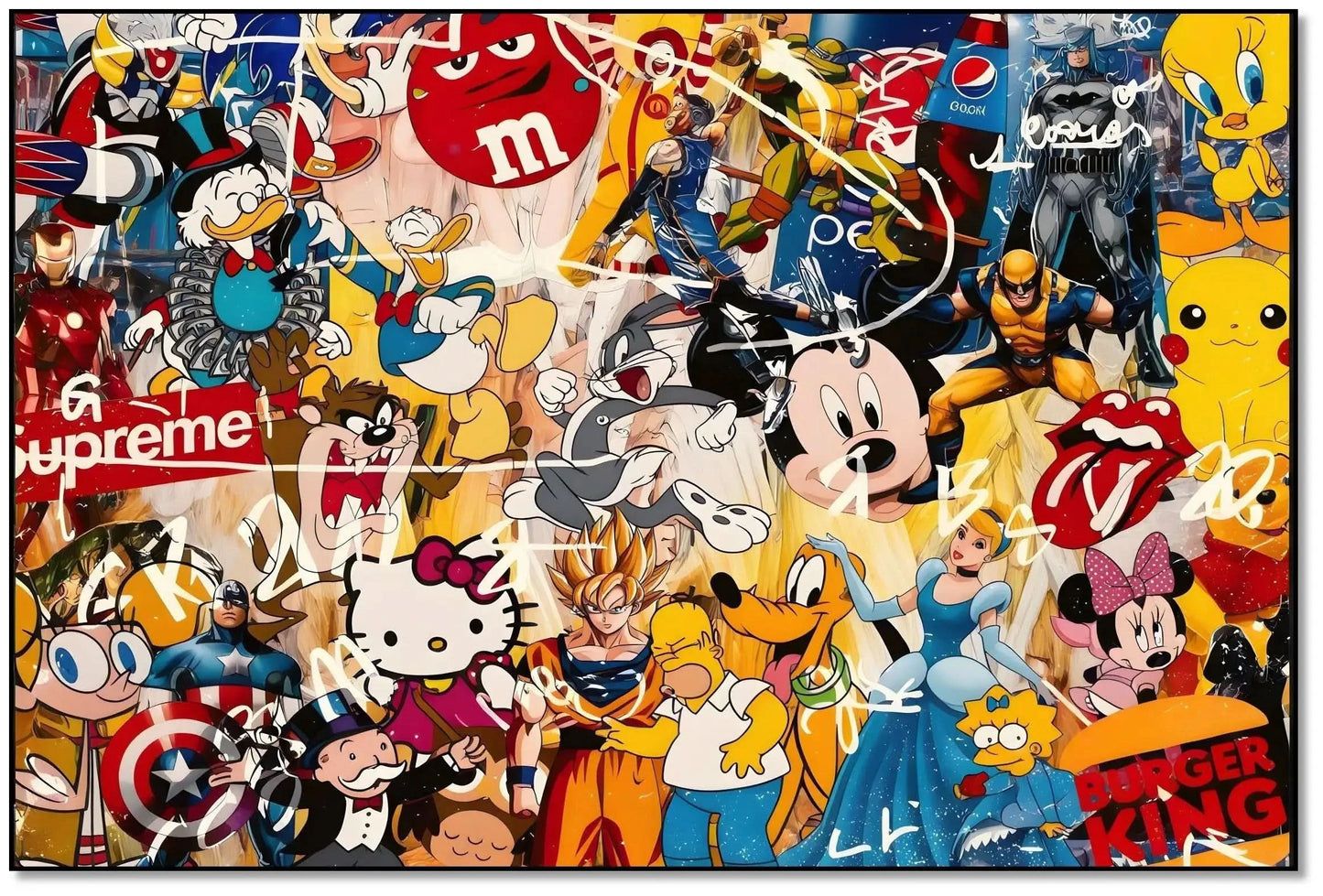 Toile pop art avec personnages iconiques, couleurs vives et énergie ludique, idéale pour salon moderne ou chambre d'adolescen